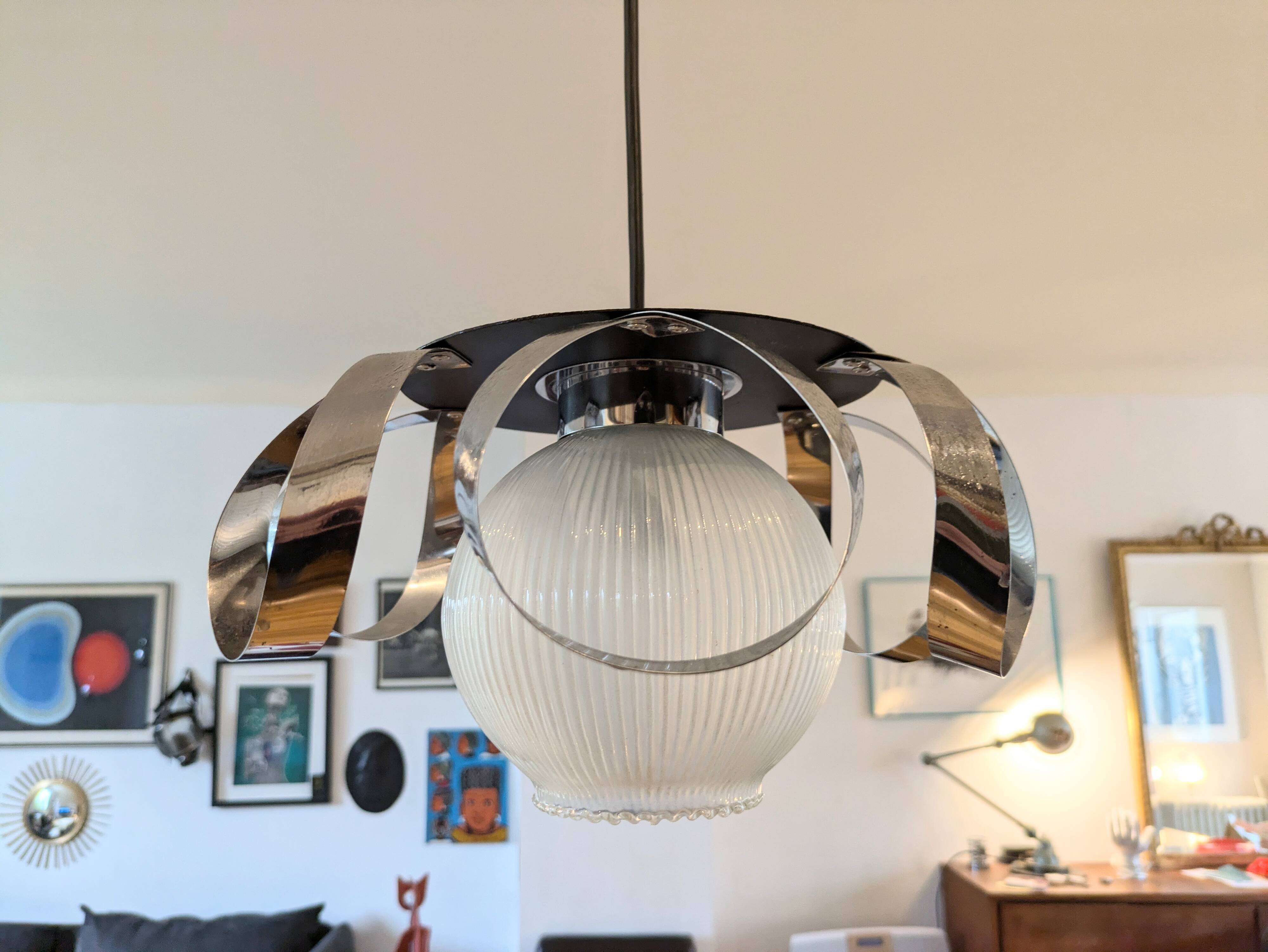 Space Age stainless steel and glass pendant light from the 70s
