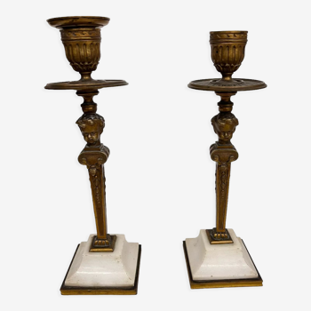 Pair of candle holders in bronze and marble A Morel