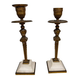 Pair of candle holders in bronze and marble A Morel