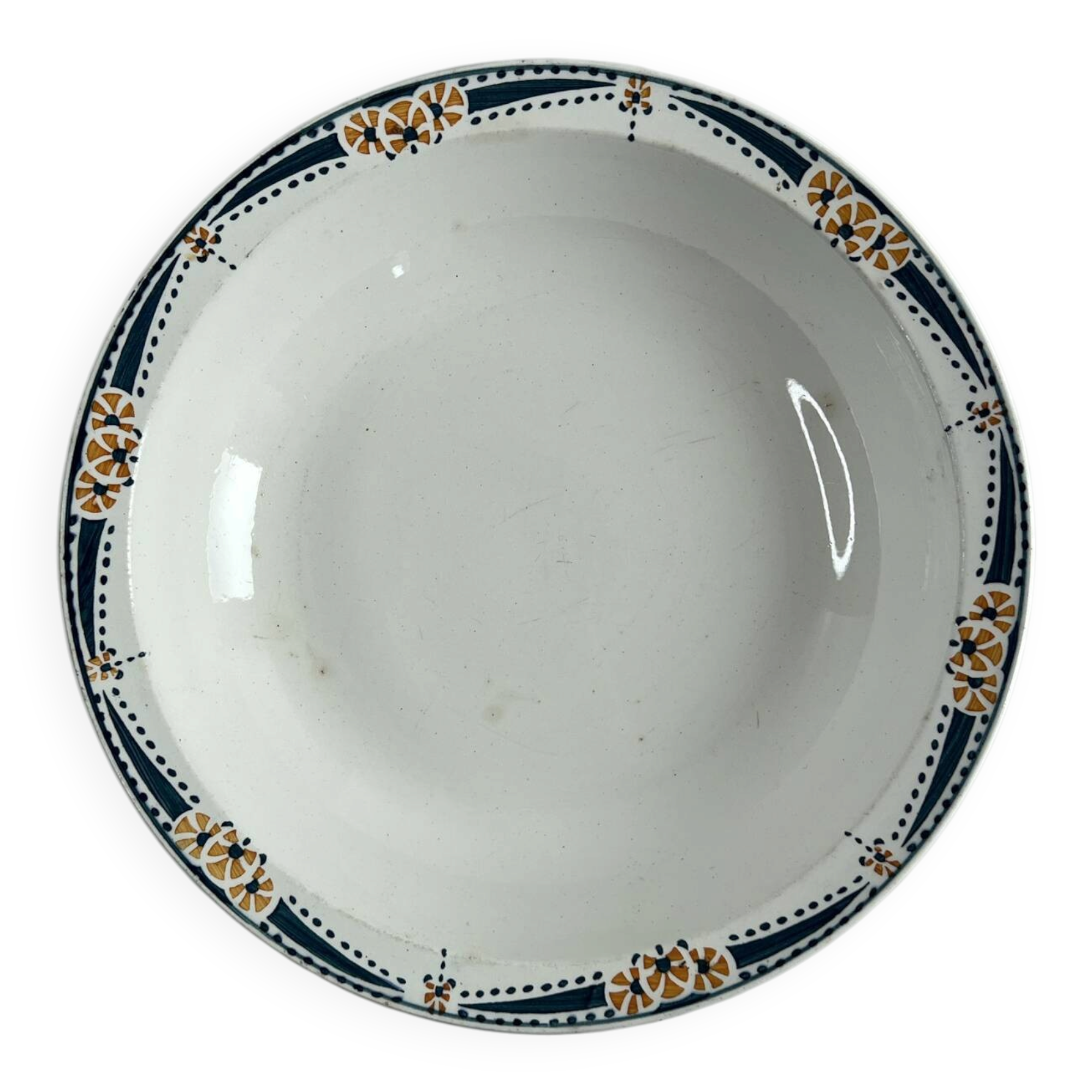 Longwy salad bowl with blue and orange floral decoration.