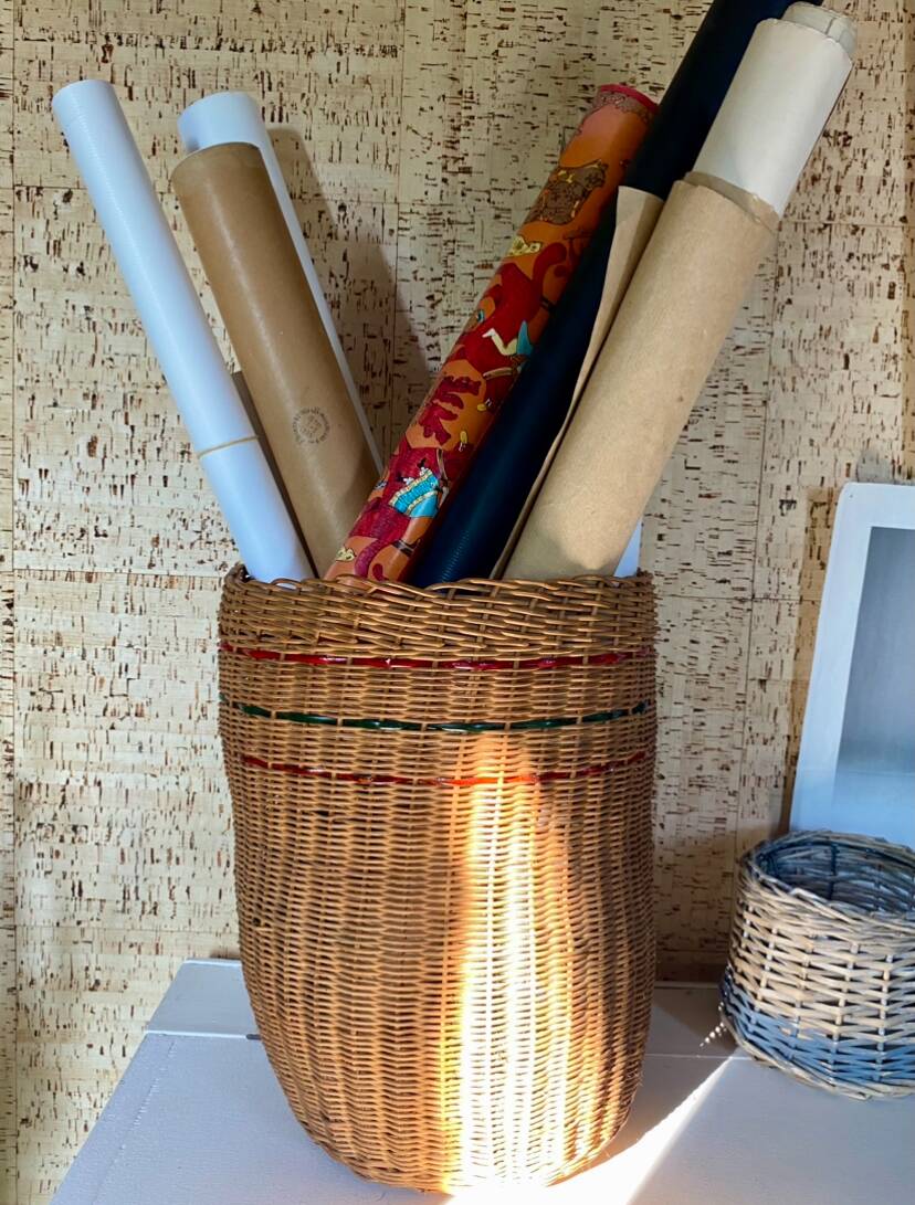 High basket with woven straws