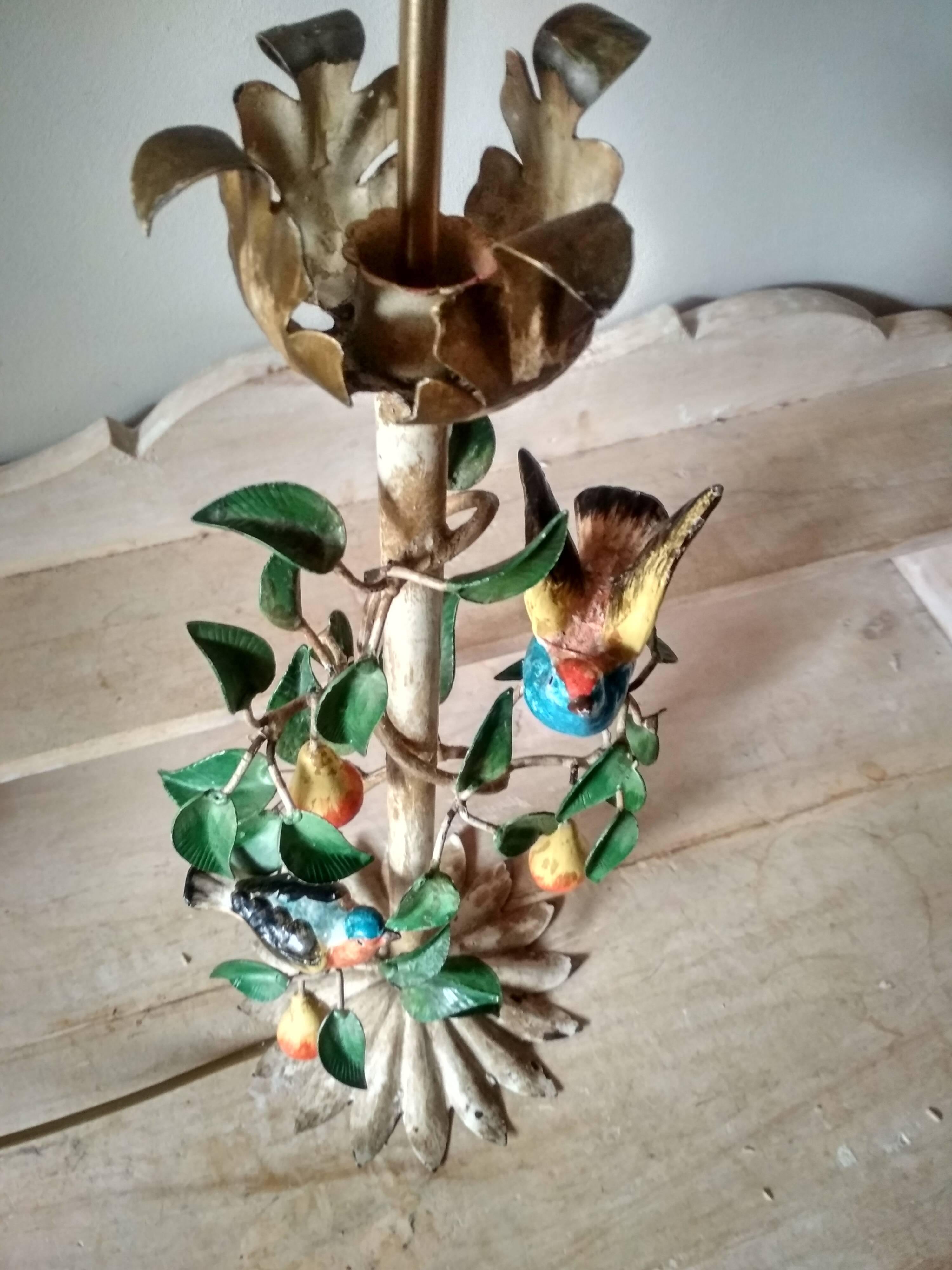 Painted metal candle holder lamp - wrought iron fruit and bird lamp base