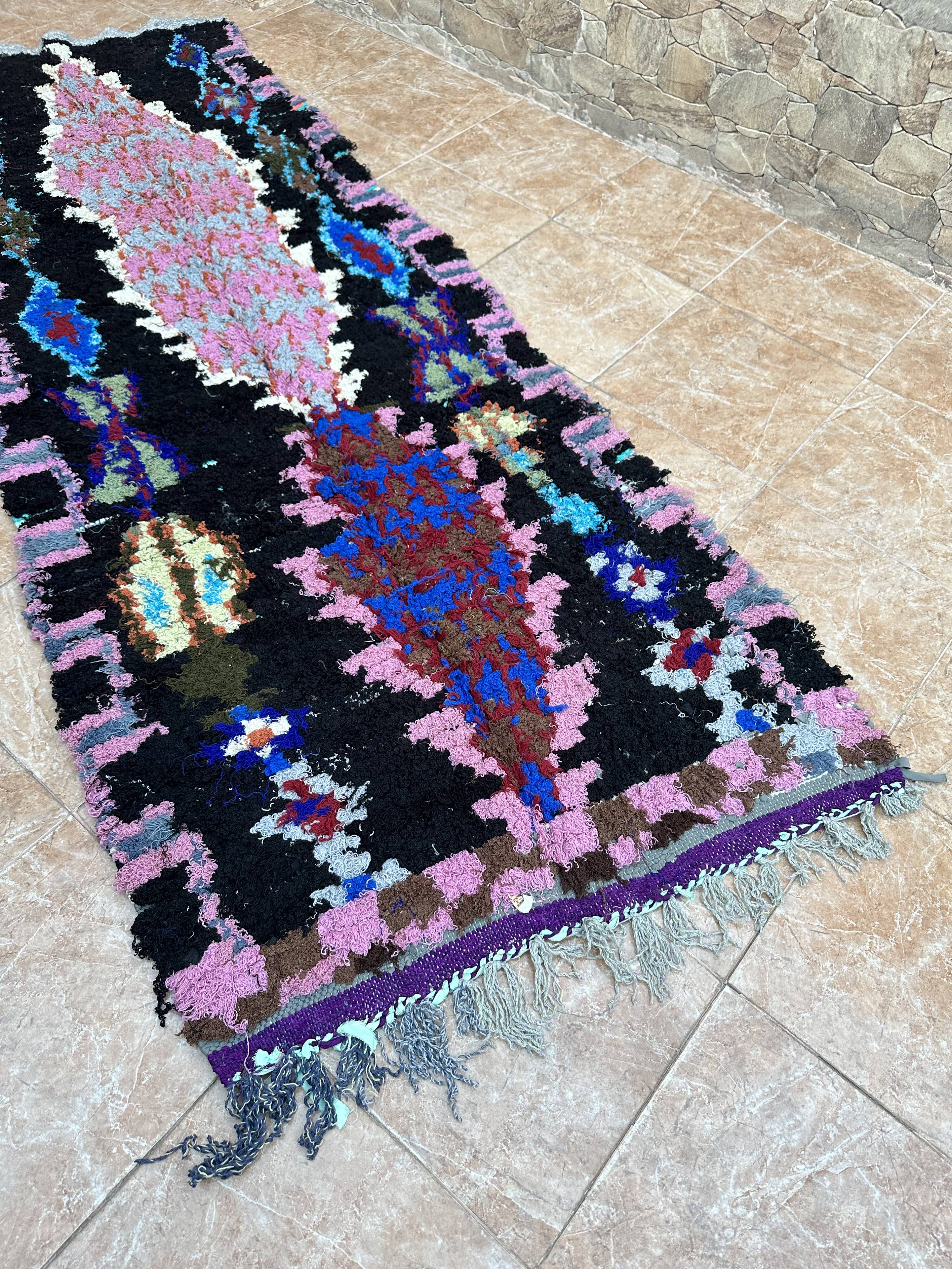 Vintage Berber Boucherouite hallway rug: Handwoven Moroccan rug.