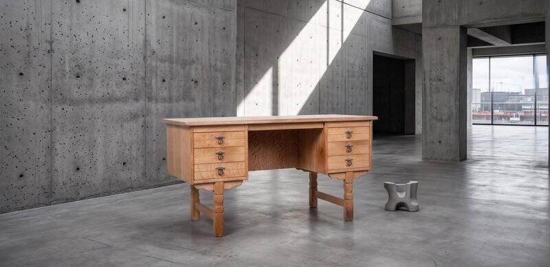 Brutalist Oak Desk by Henning Kjærnulf, Denmark, 1960s