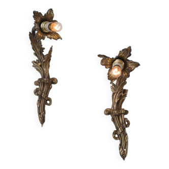 Paire d'appliques murales Art Nouveau antiques en bronze doré à fleurs de lys et feuillages, années 1890, françaises, recâblées