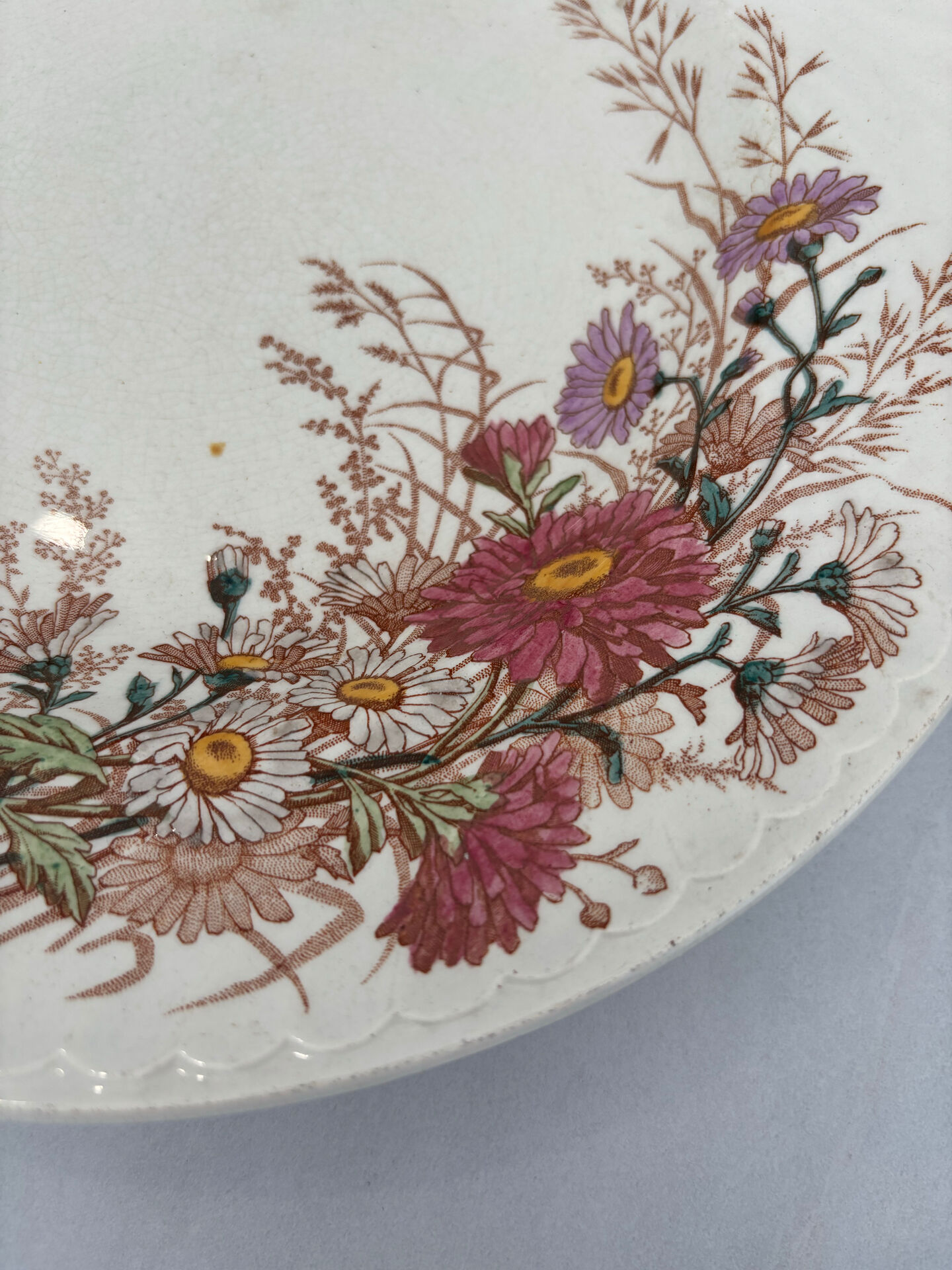 Old hollow plate, pink polychrome ironstone, KG Luneville model.