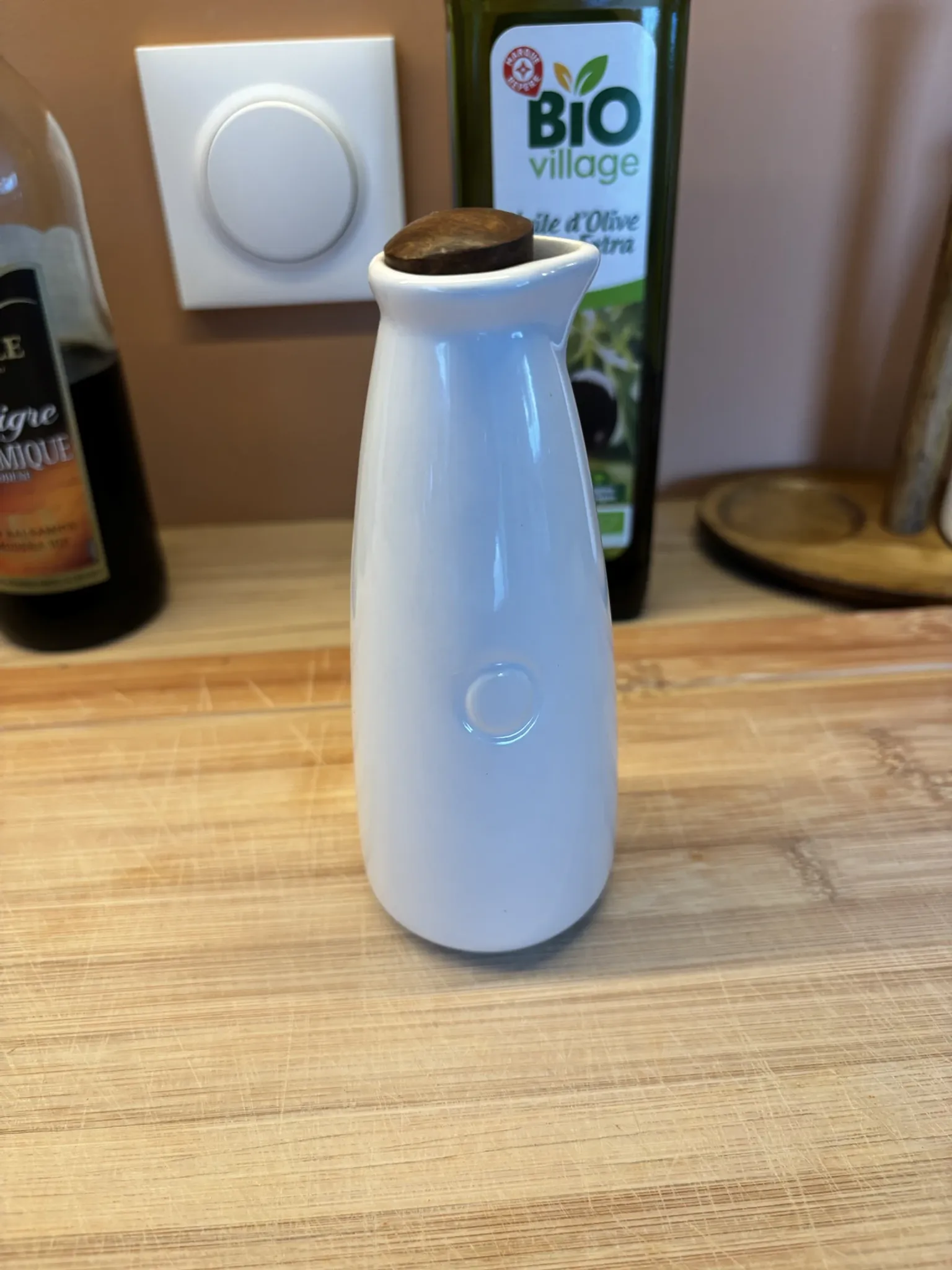 Ceramic white and wood oil and vinegar dispenser