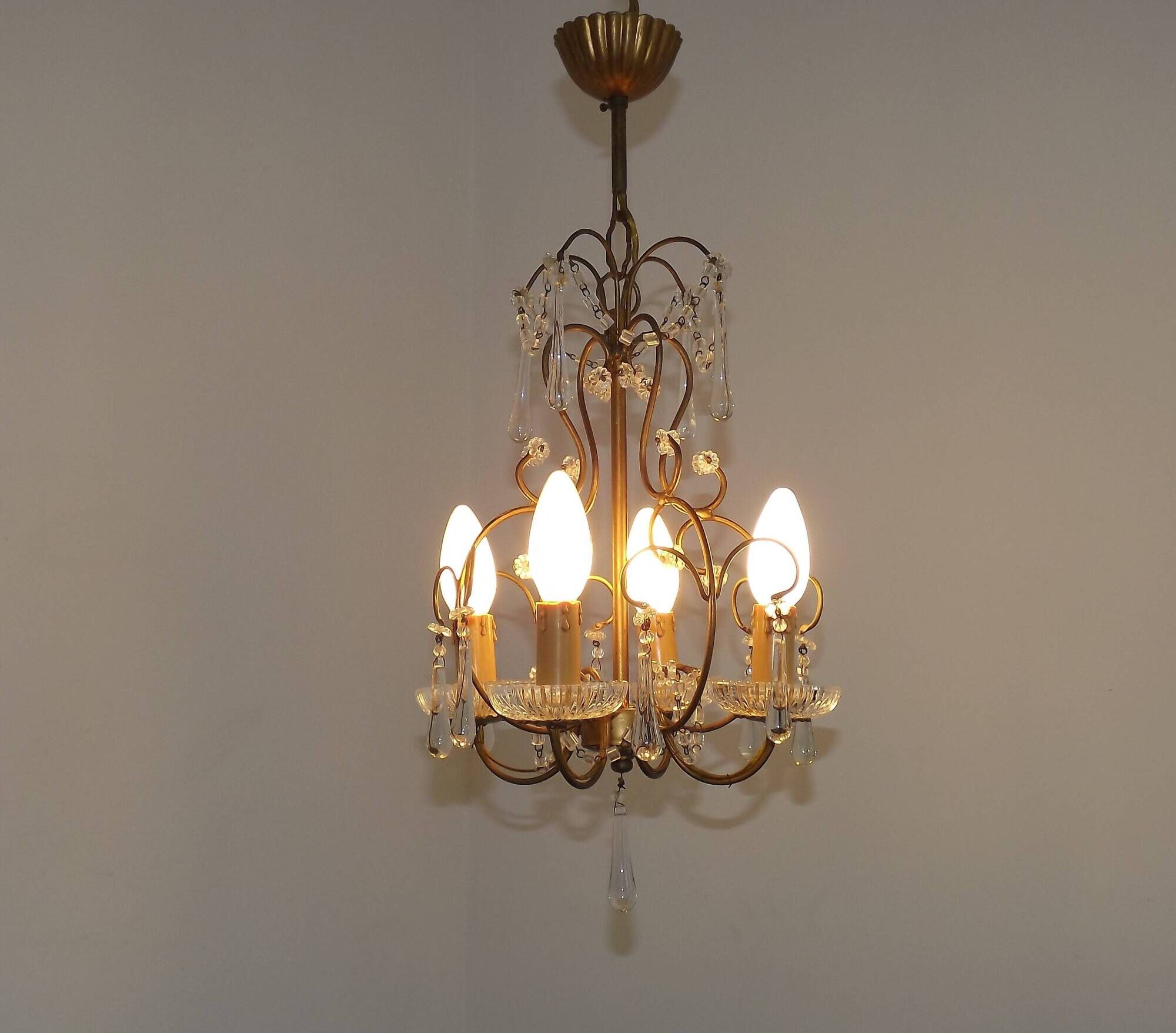 Vintage French 4 Arm Gilded Metal Cage Chandelier Beads Clear Murano Drops