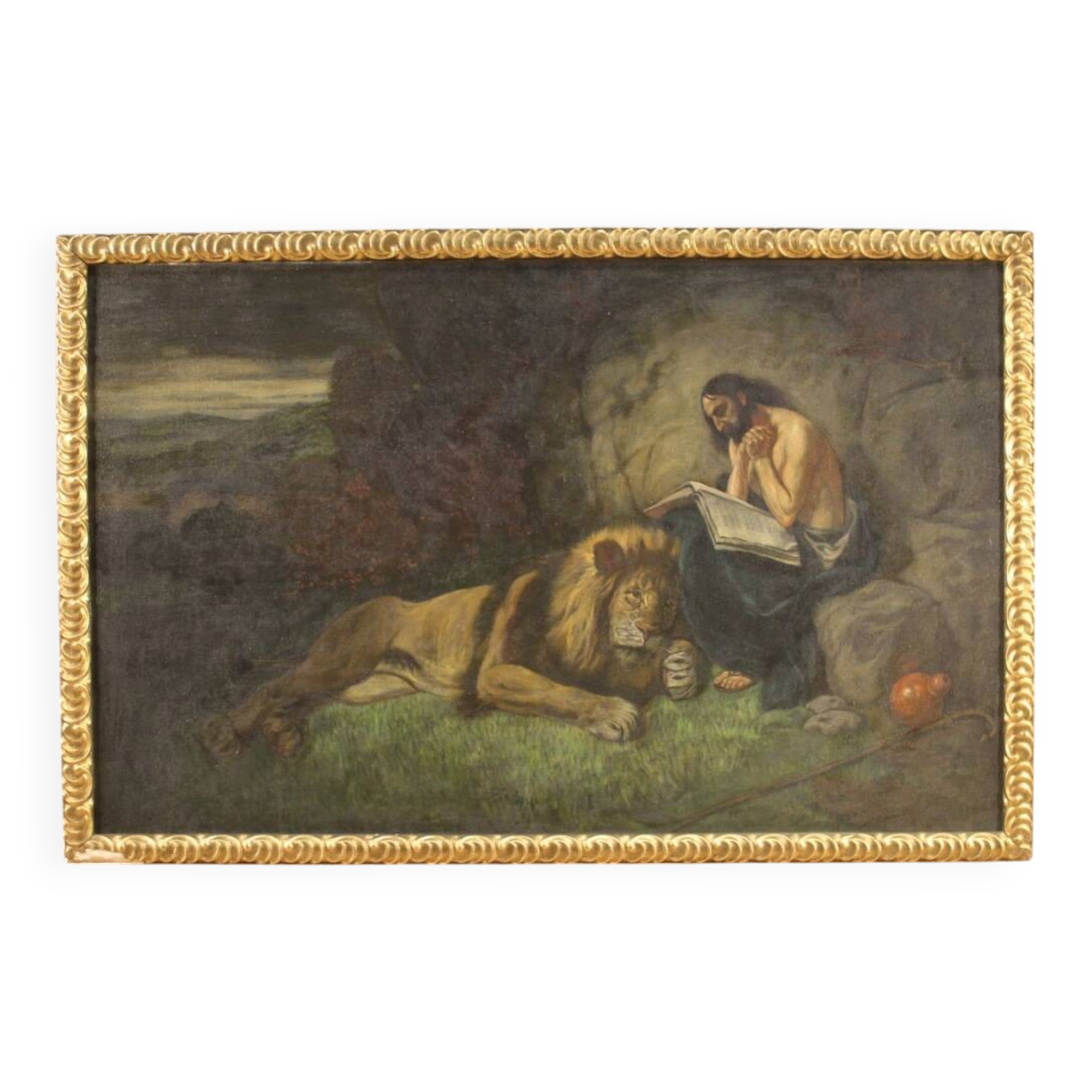 Tableau religieux italien représentant saint Jérôme avec un lion, datant du XXe siècle.
