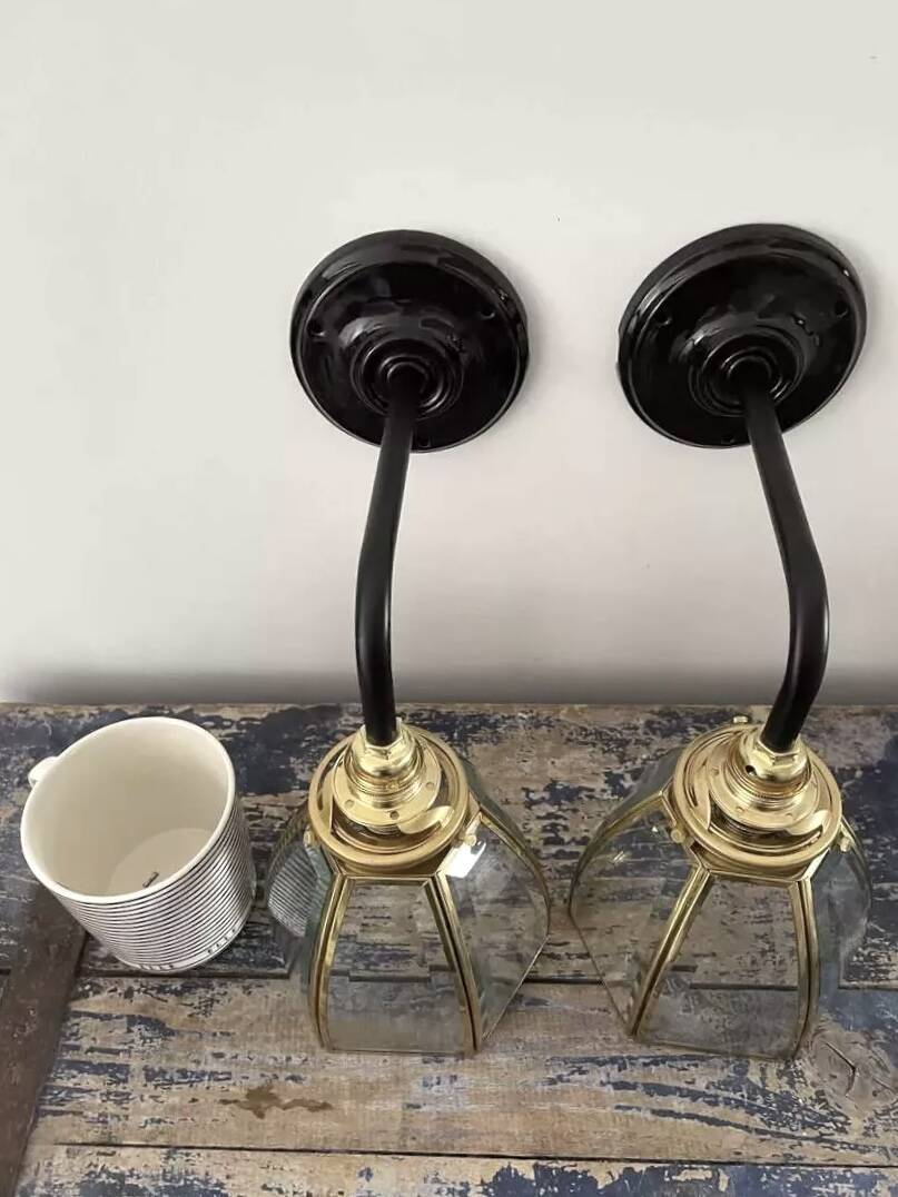 Pair of brass and glass wall lights