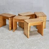 Selection by Charlotte Perriand for Les Arcs, set of 5 pine stools. France, circa 1960