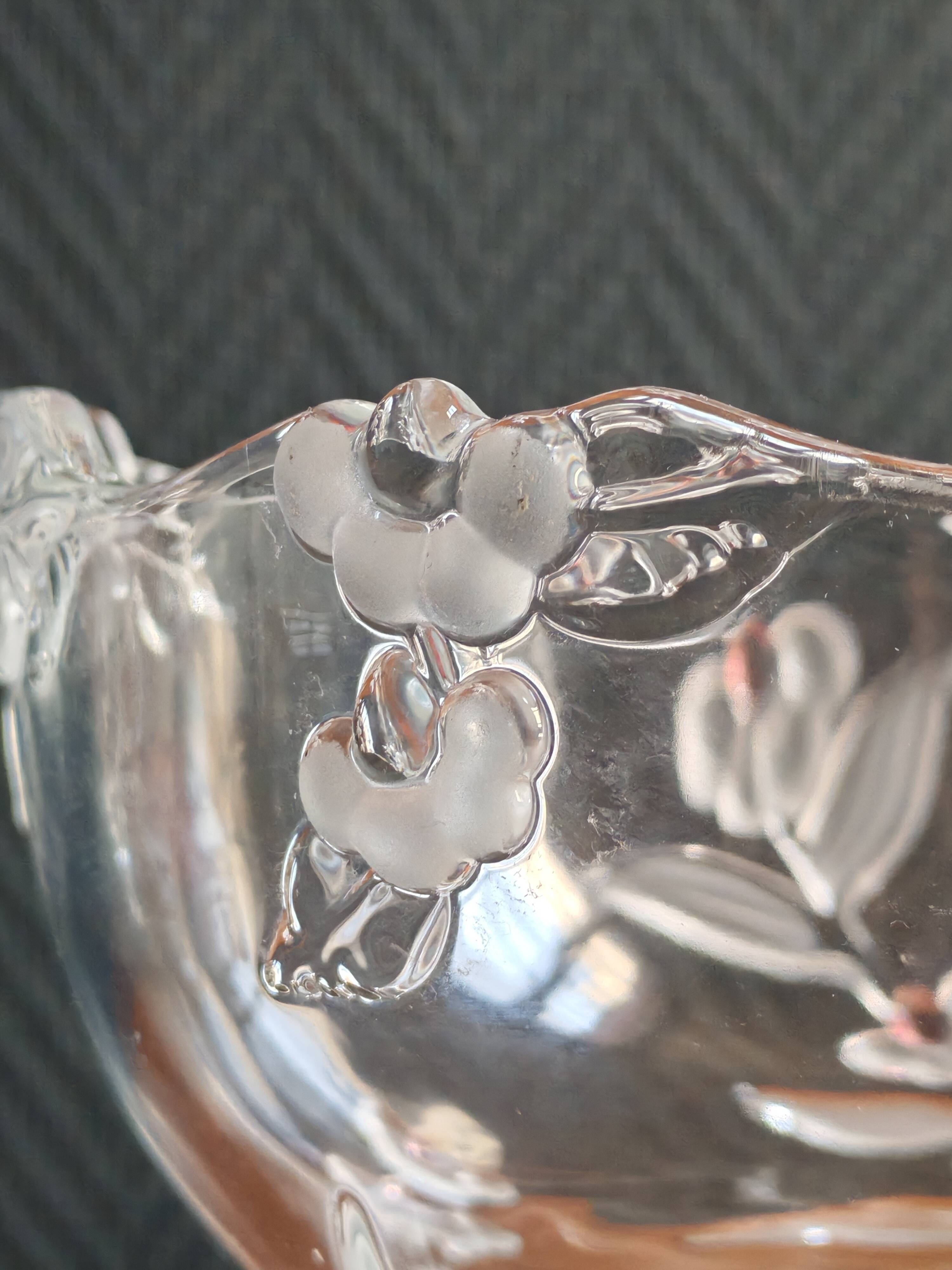 Vintage Frosted Glass Footed Bowl – Relief Decor of Pink Flowers