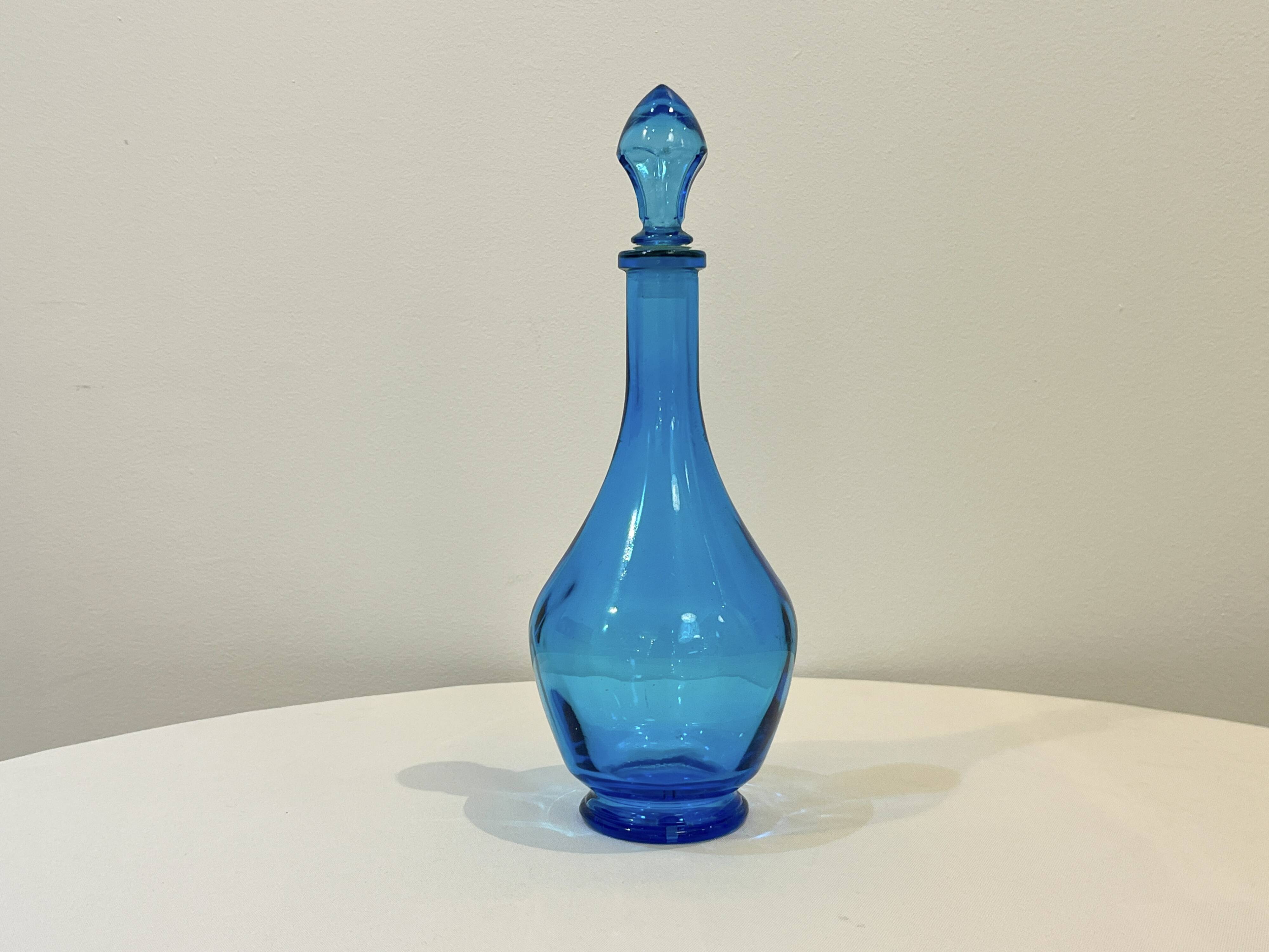 Vintage blue glass bottle Carafe with stopper Made in Belgium