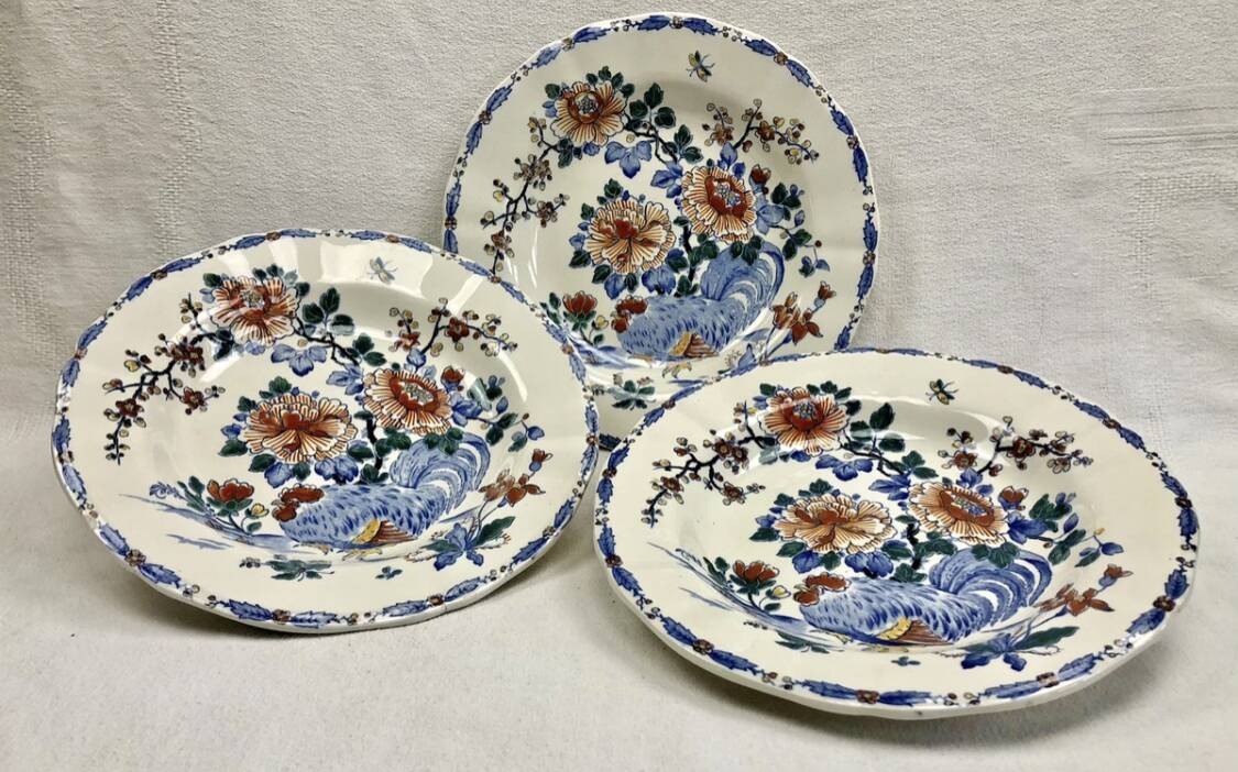 3 deep plates Gien peonies and rooster 1938/1960