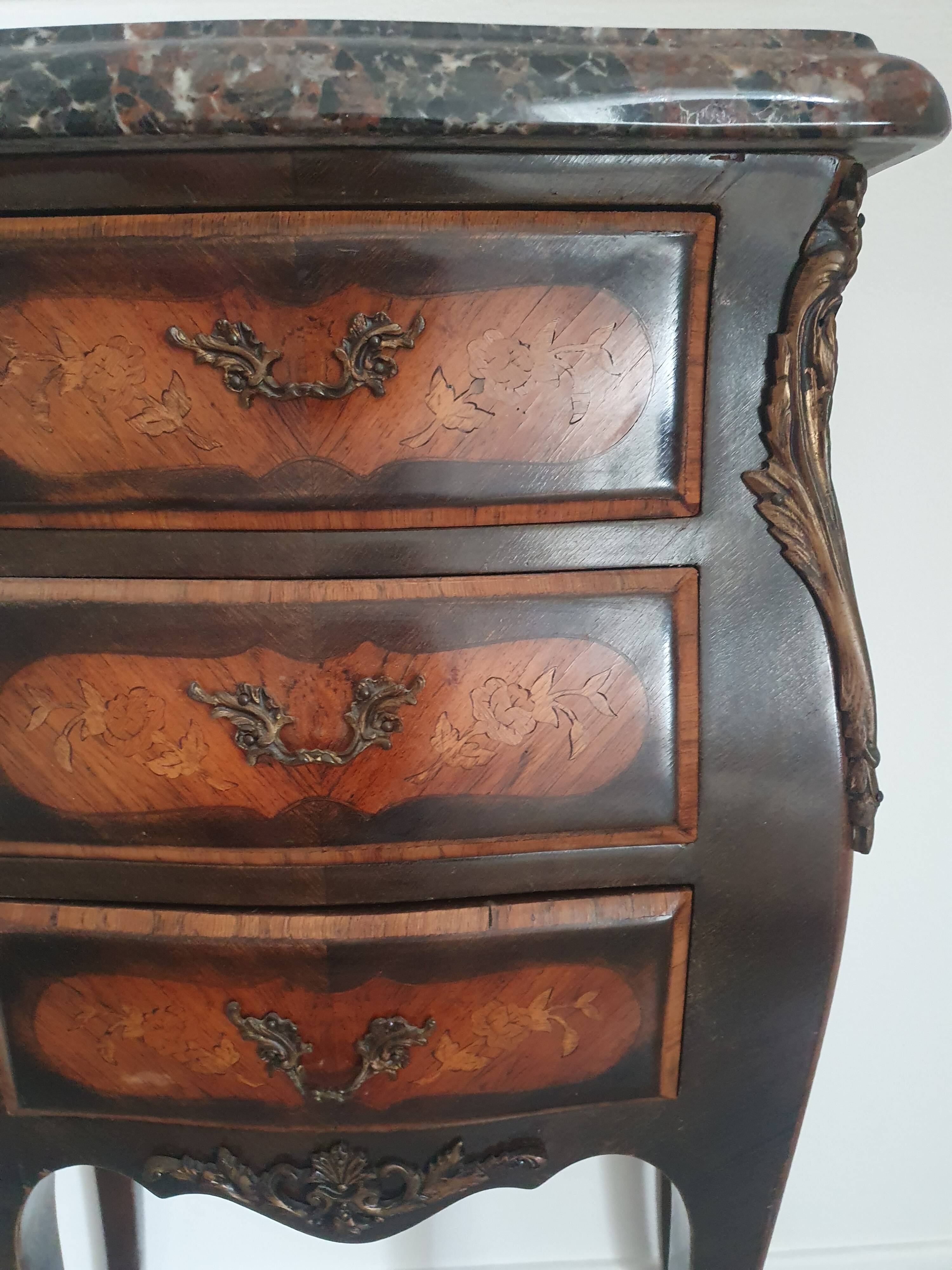 Antique marquetry bedside table, marble top