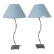 Pair of lamps with wavy metal base and blue lampshade 2000