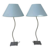 Pair of lamps with wavy metal base and blue lampshade 2000