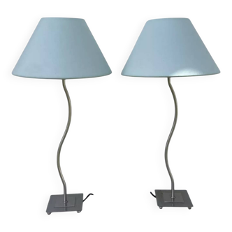 Pair of lamps with wavy metal base and blue lampshade 2000