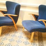 Pair of chairs Scandinavian wing stripes cocktail years 50 Blue
