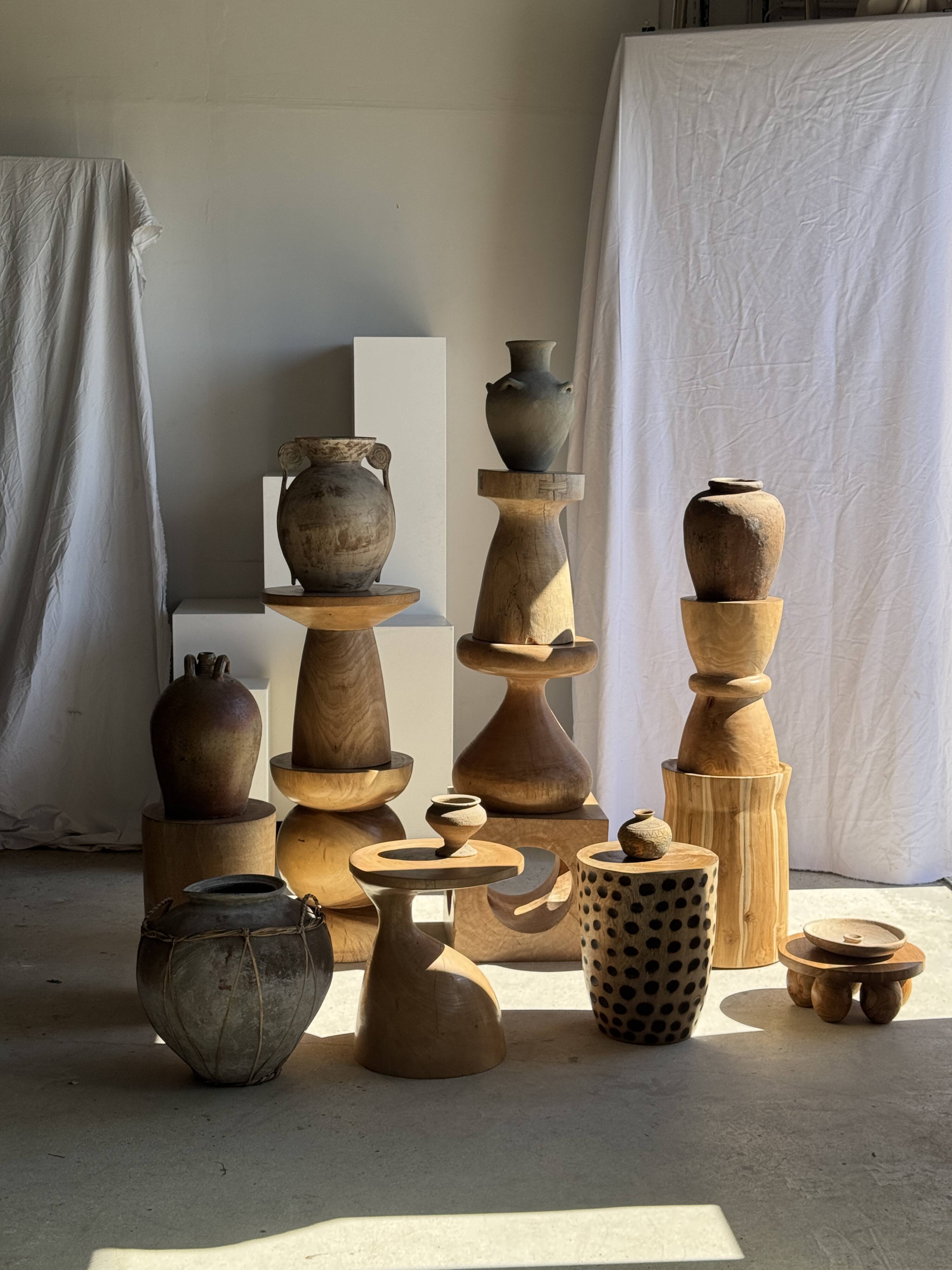 Stool, side table, cylindrical solid mango wood end table.