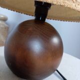 Dark ball wood table lamp, jute lampshade, 1970