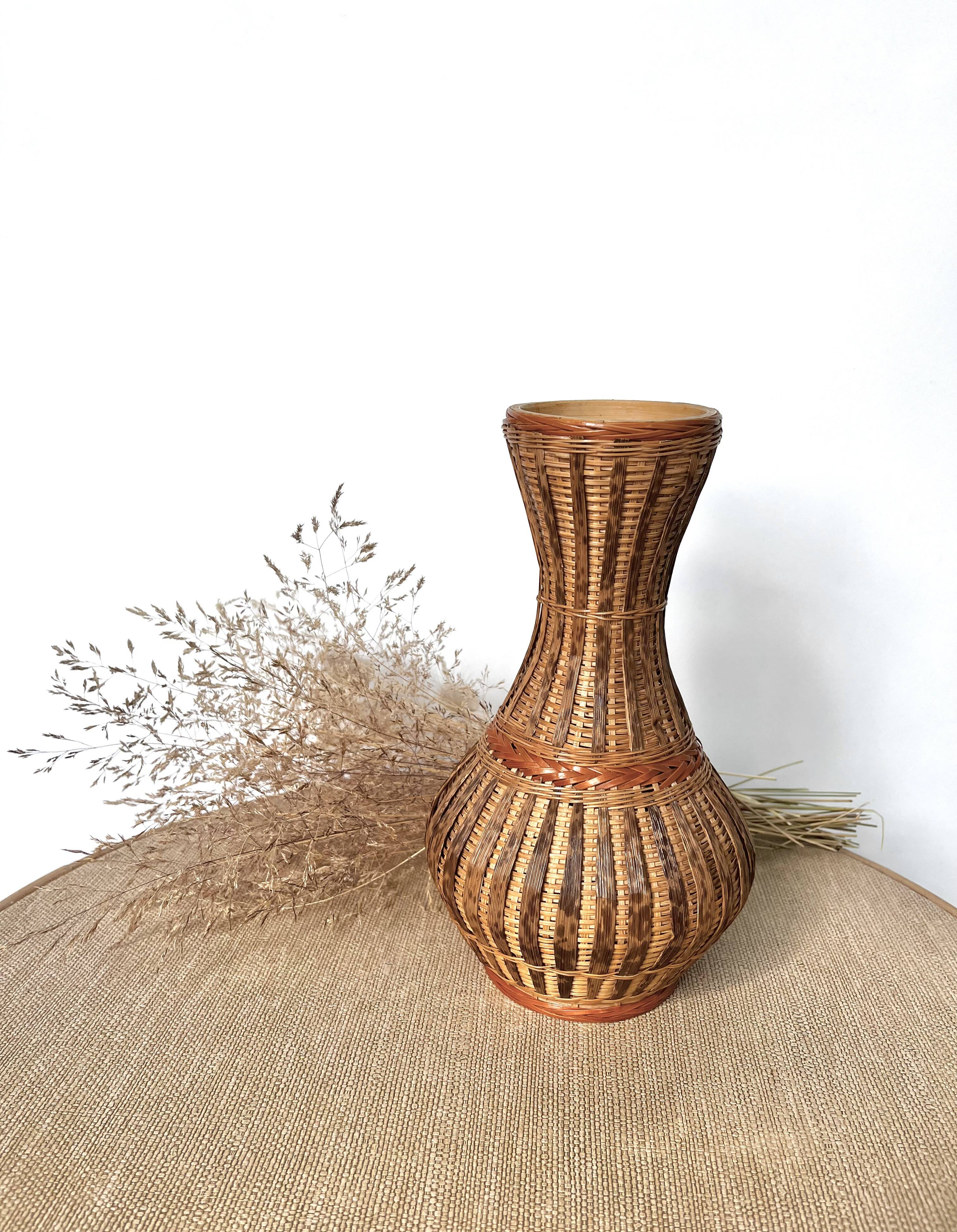 Wicker and woven bamboo vase