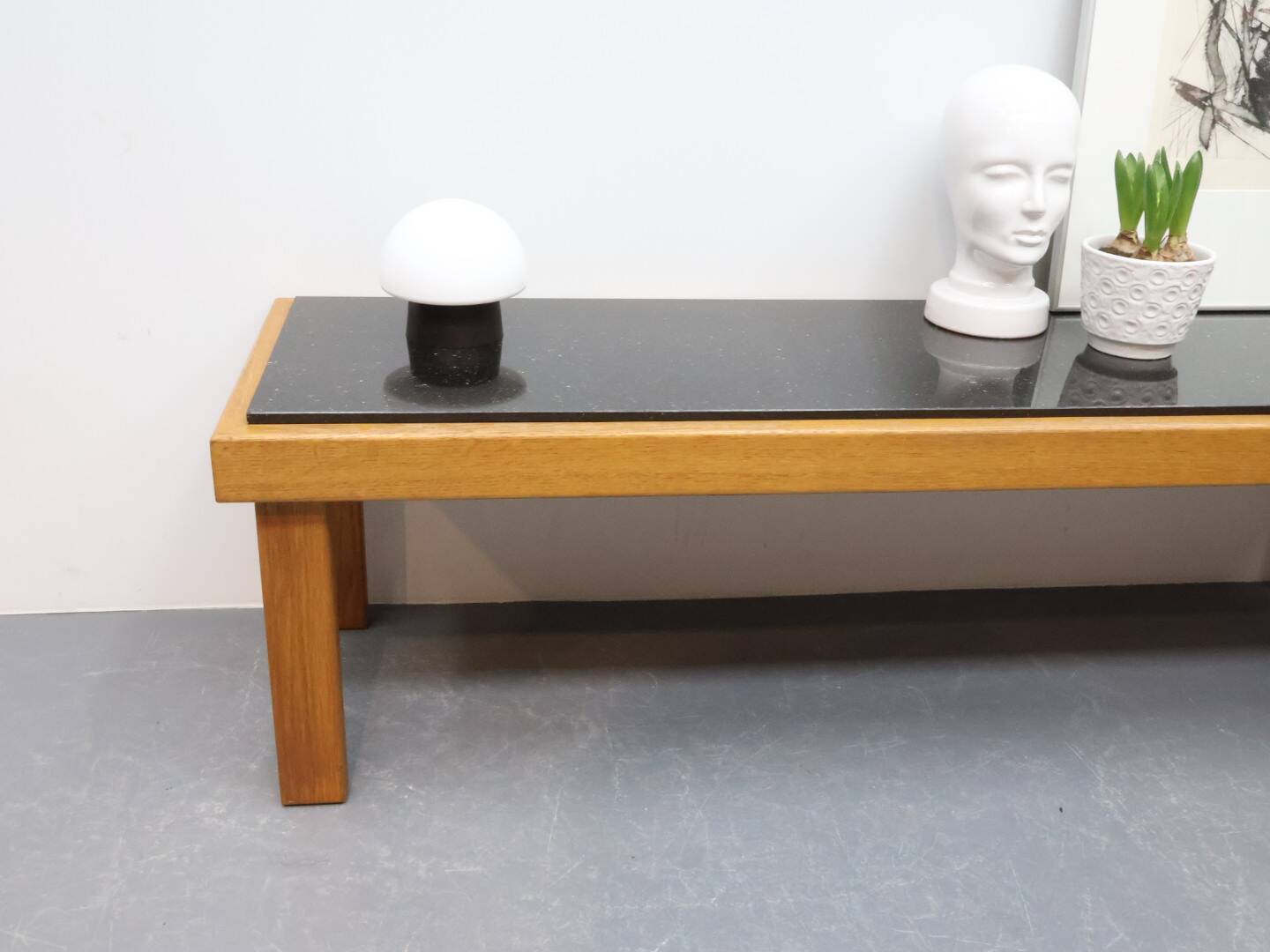 Vintage sidetable salontafel eikenhout graniet handgemaakt