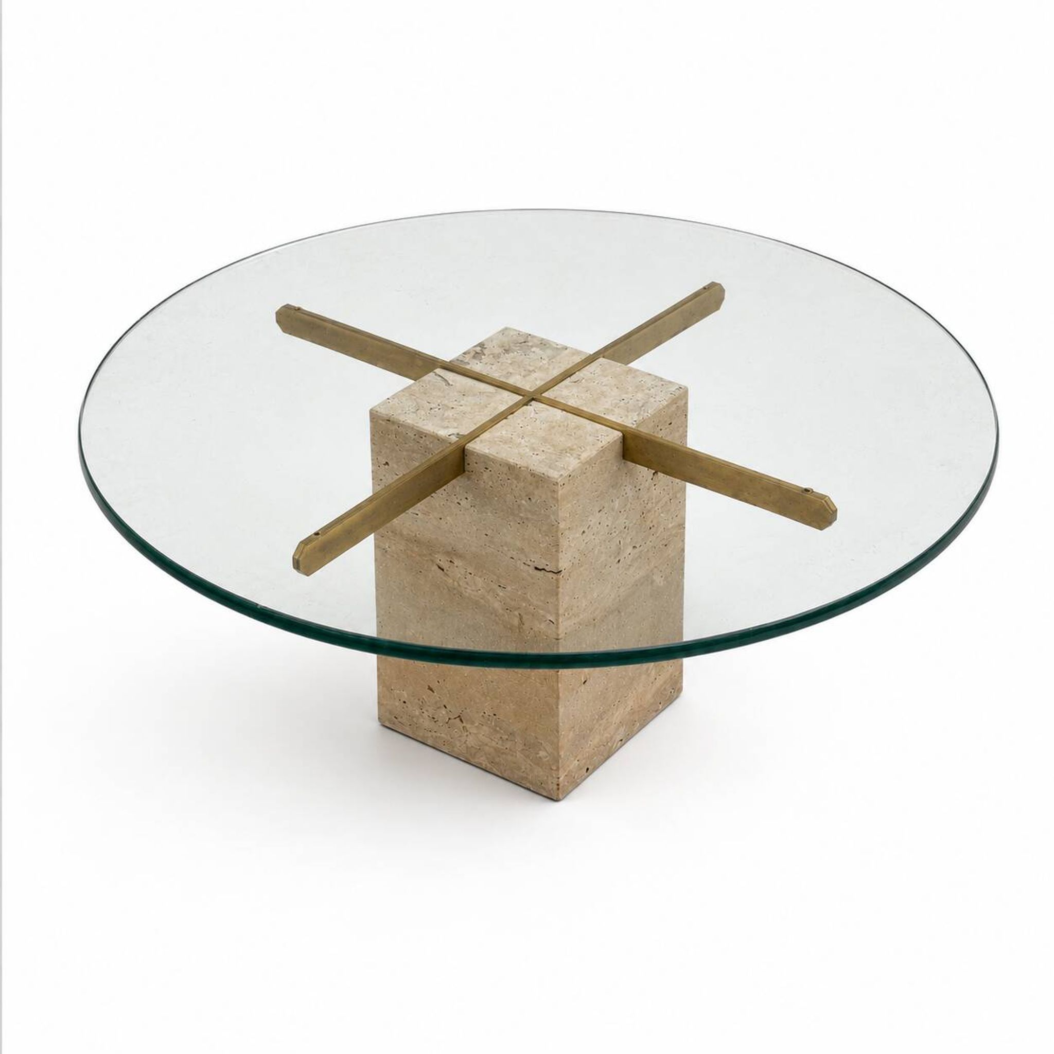 Vintage round coffee table with thick glass top and travertine and brass base
