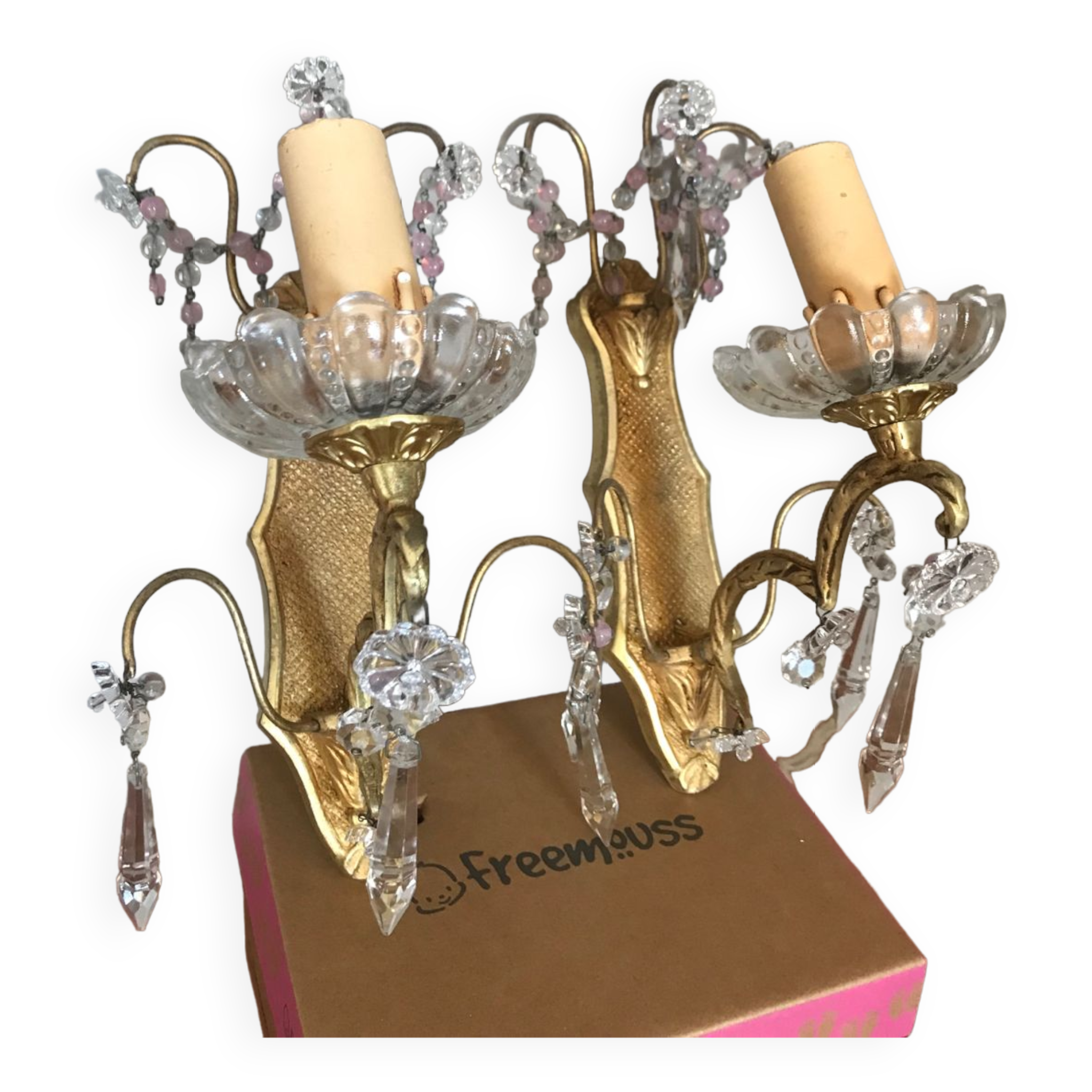 Pair of glass wall sconces with crystal drops