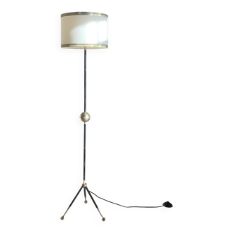 Vintage black metal tripod floor lamp and brass ball