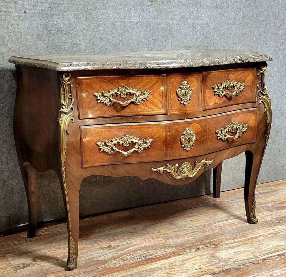 Louis XV style curved chest of drawers in marquetry circa 1880
