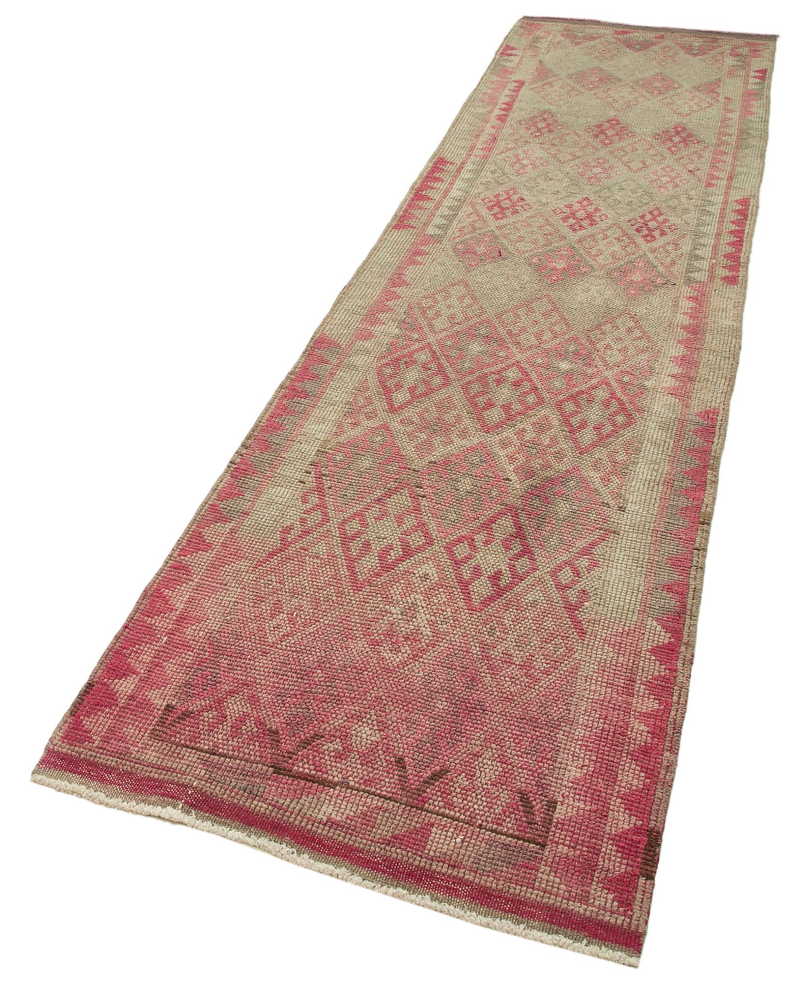 Handmade unique oriental beige runner rug 86 cm x 348 cm