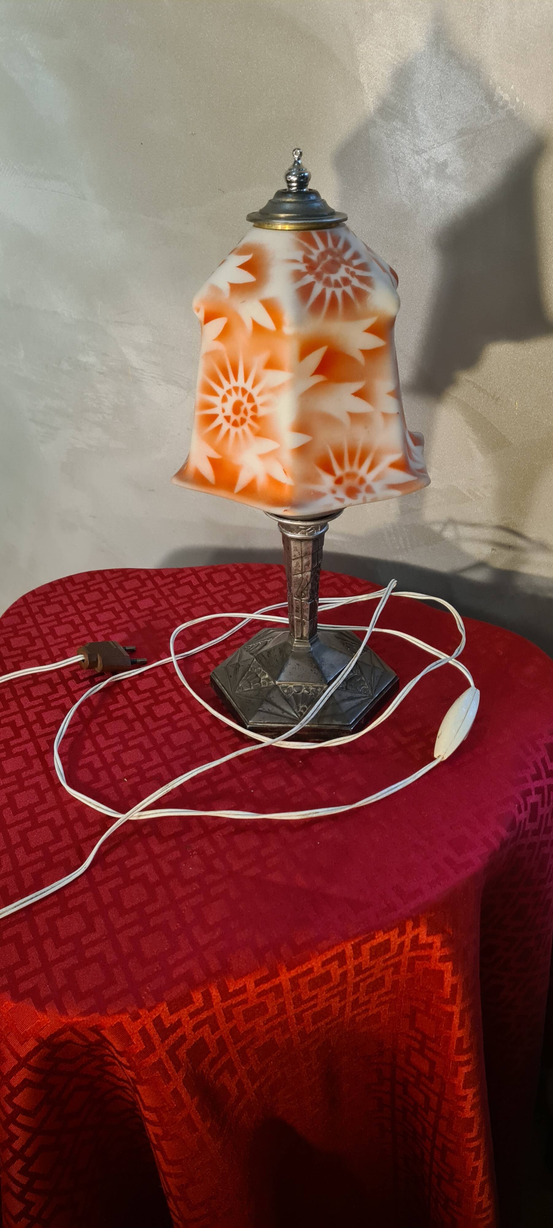 Antique 1930s regul lamp with painted opaline lampshade, art deco, 36x18