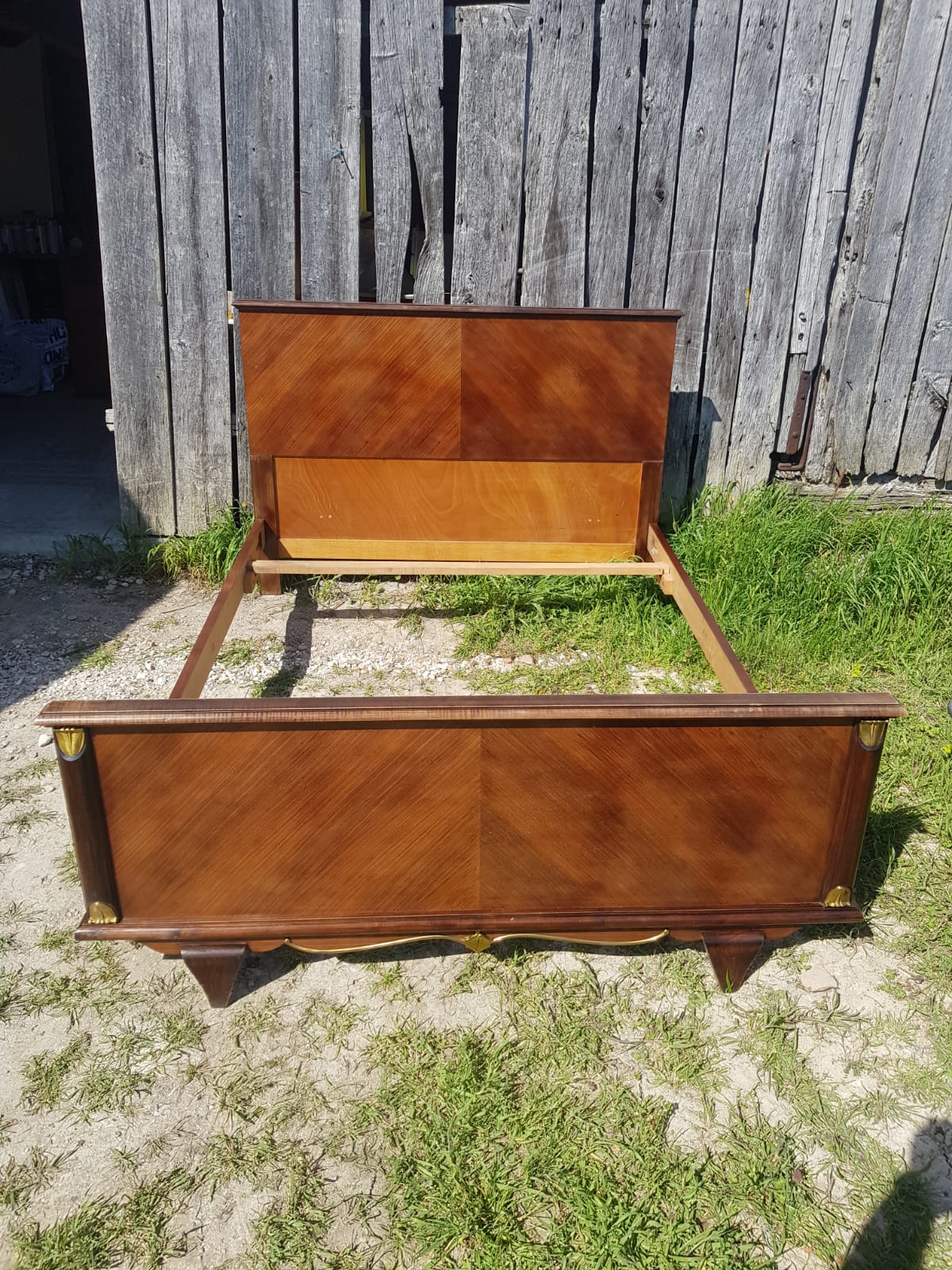 Former art deco bed 2 people wood - vintage golden ornaments