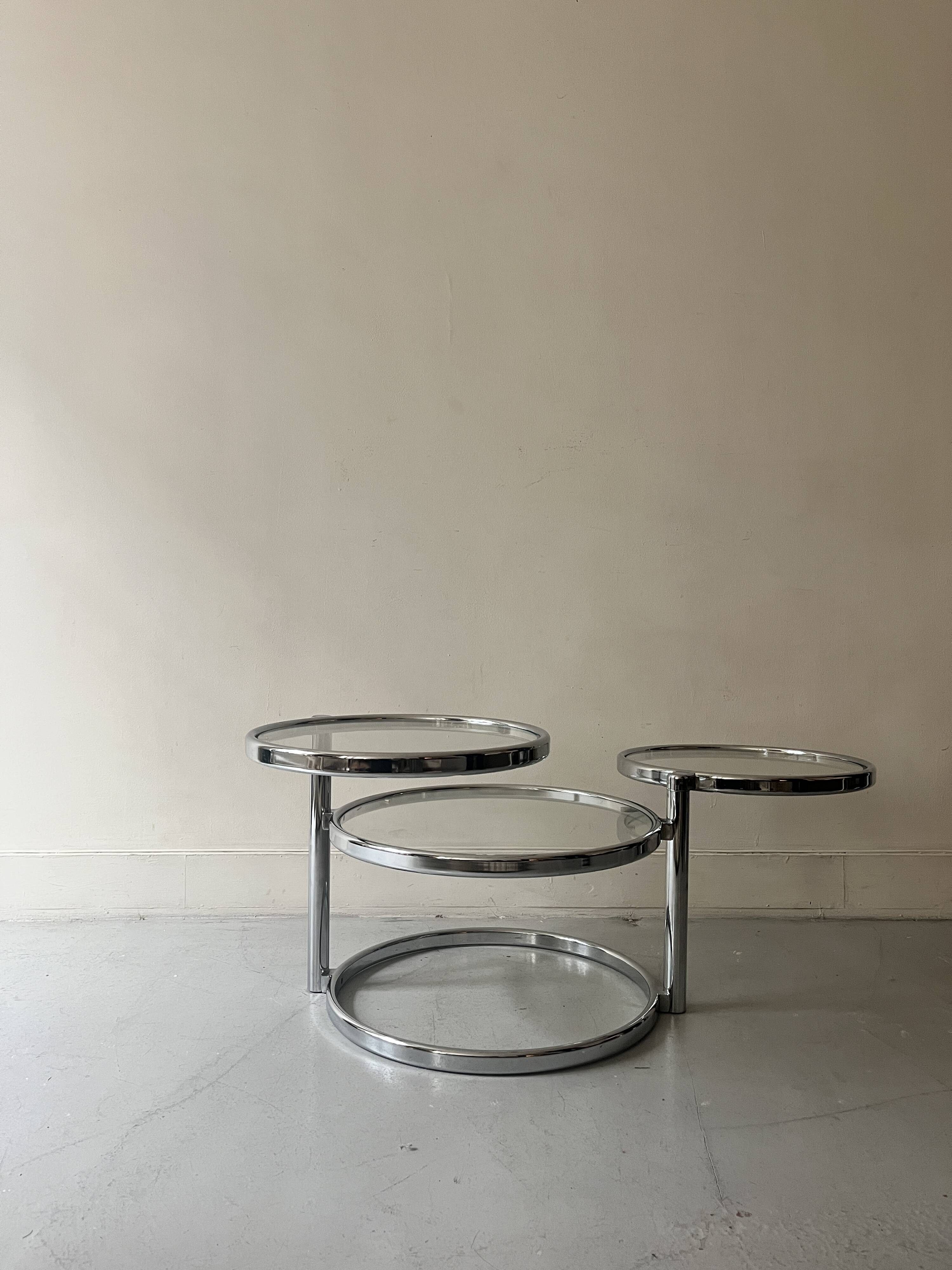 round and rotating coffee table in glass and chrome, design 1970