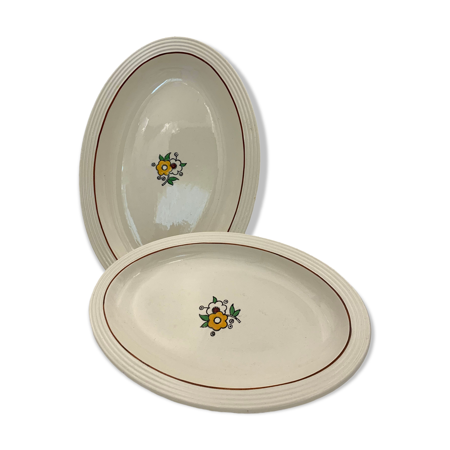 Two large oval art deco dishes in Longwy earthenware - 1930s