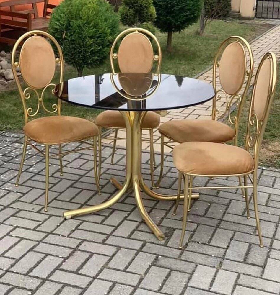 Vintage Paolo Salice set — Smoked glass table and 4 yellow straw chrome metal chairs (set of 5)