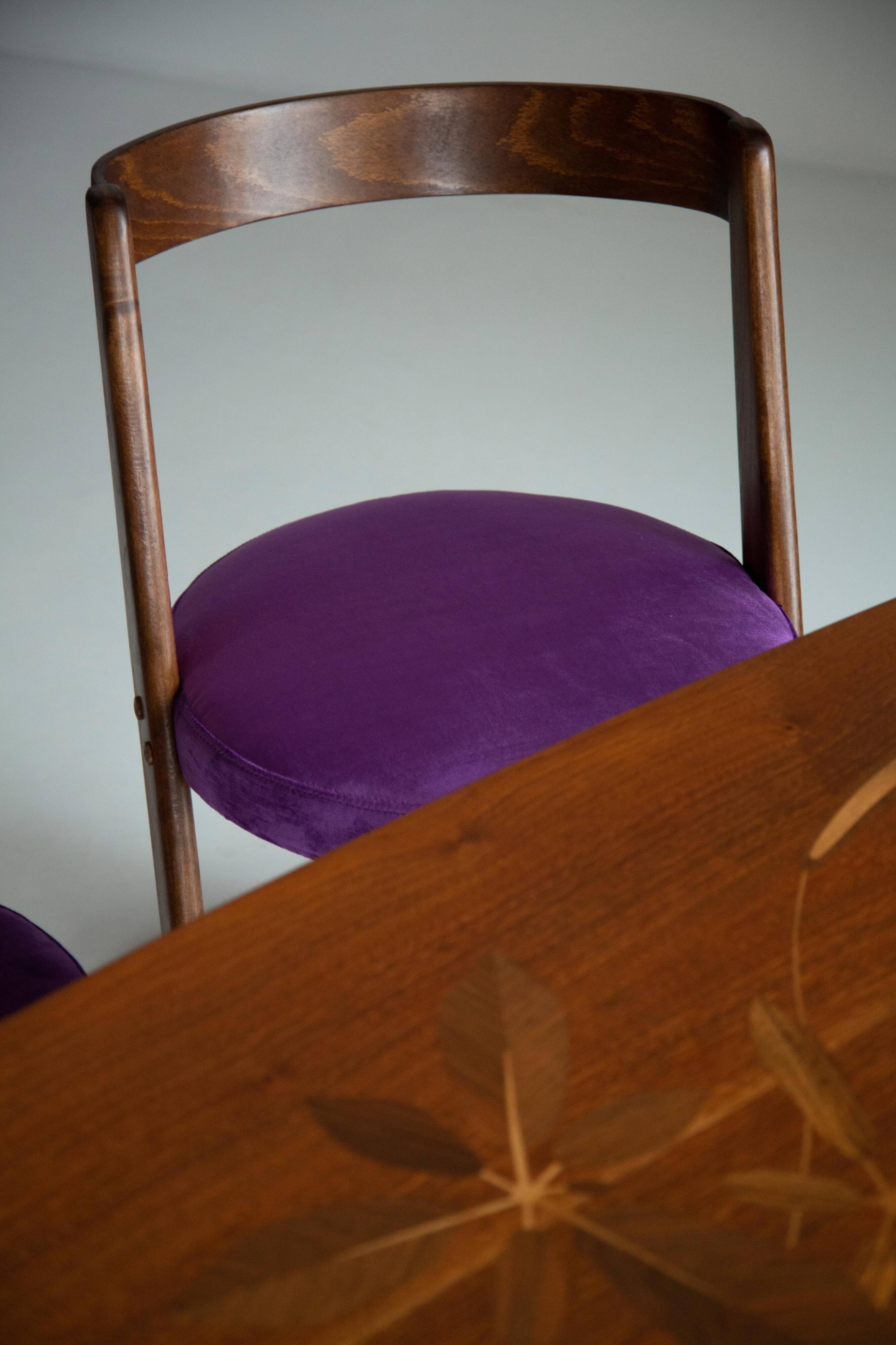 Mid-century purple velvet Halfa chair and stool, Baumann, France, 1970s.
