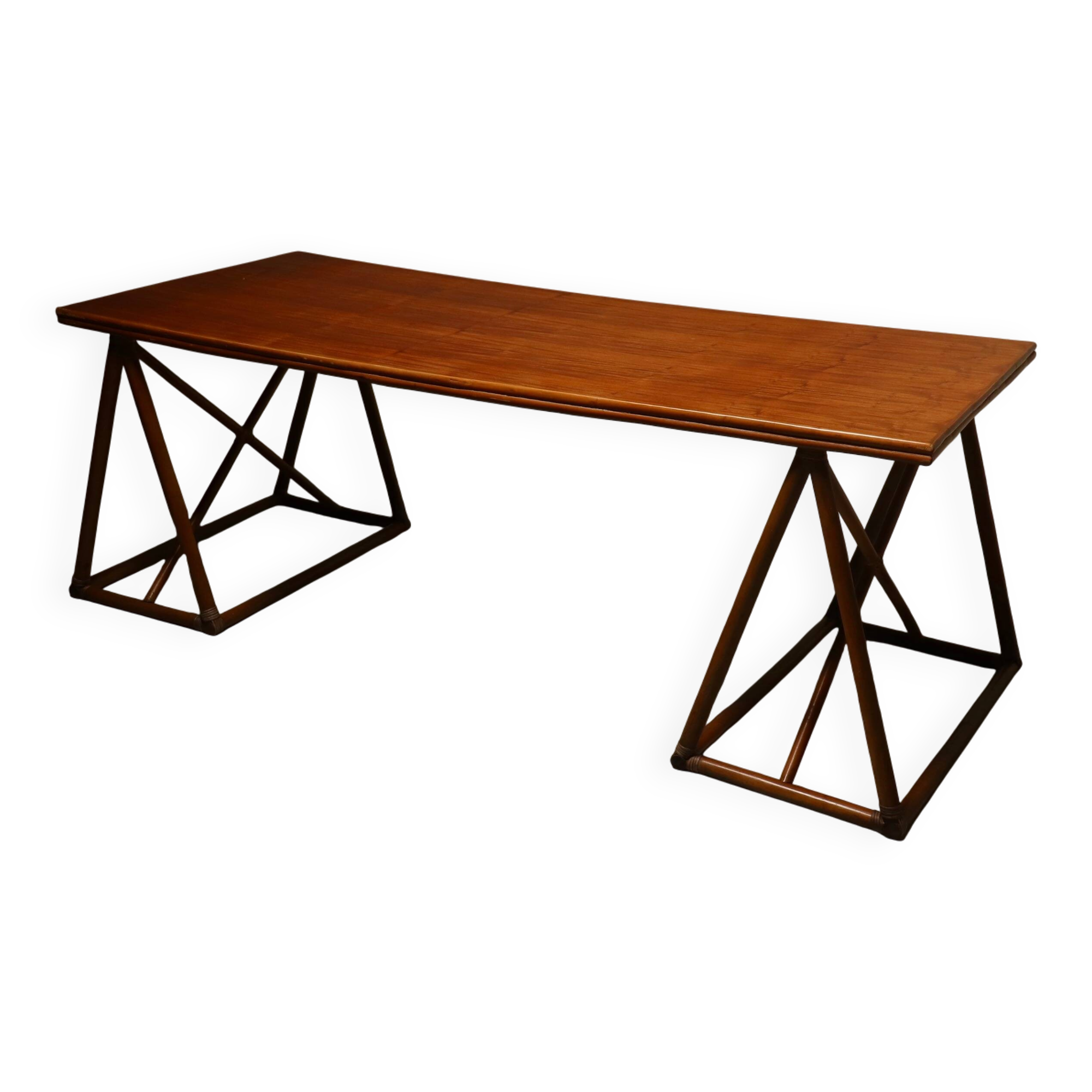 Bureau ou table à manger en treillis italien des années 1970 en bambou et rotin.