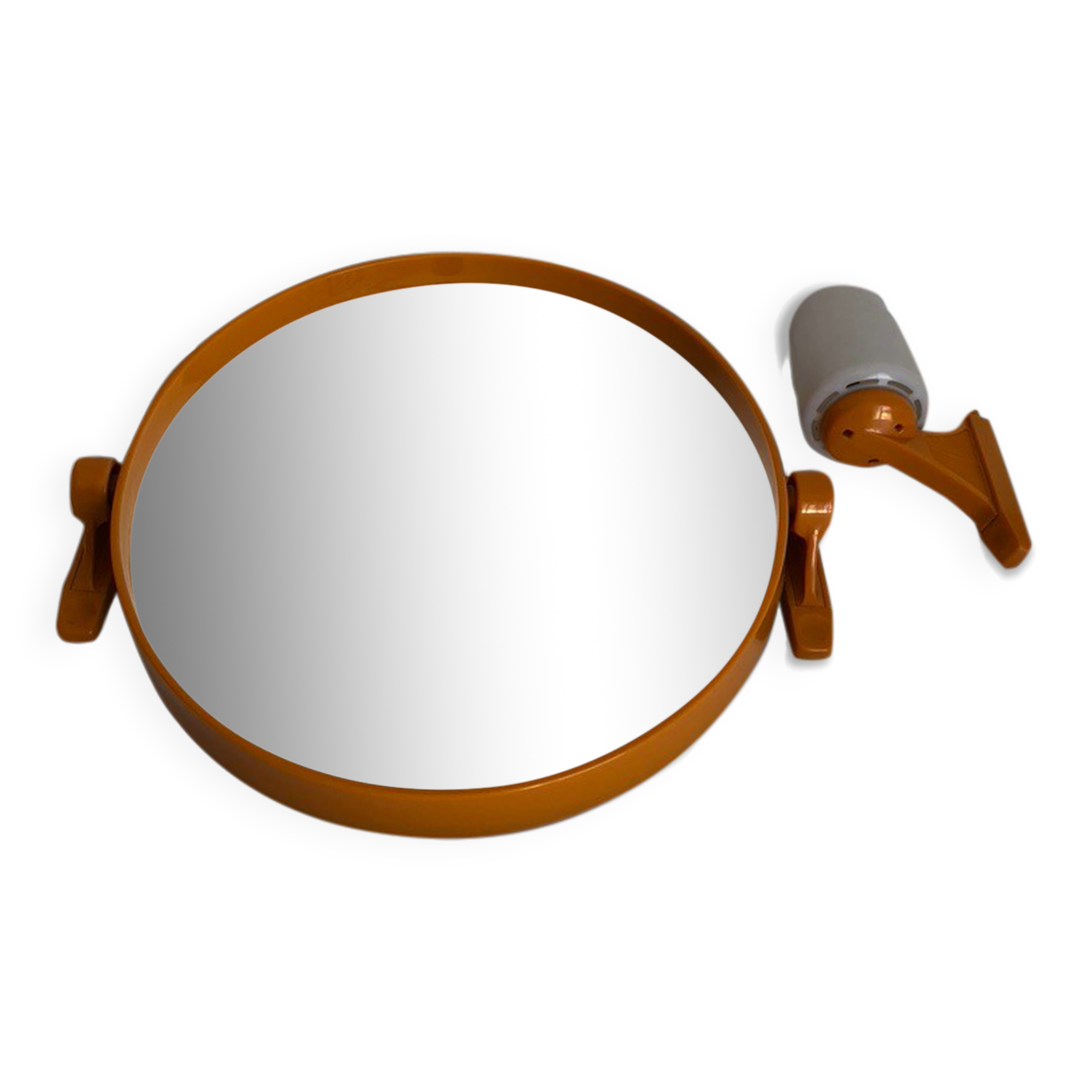 Tiltable orange plastic mirror with matching wall light
