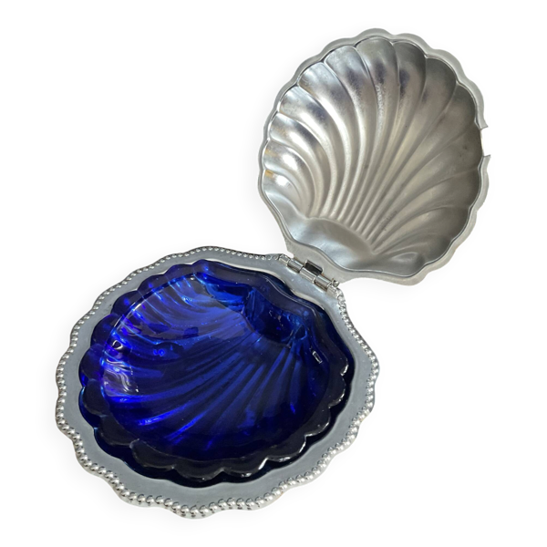 Beurrier vintage coquillage en inox et verre bleu