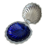 Vintage shell butter dish in stainless steel and blue glass