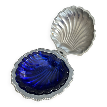 Beurrier vintage coquillage en inox et verre bleu