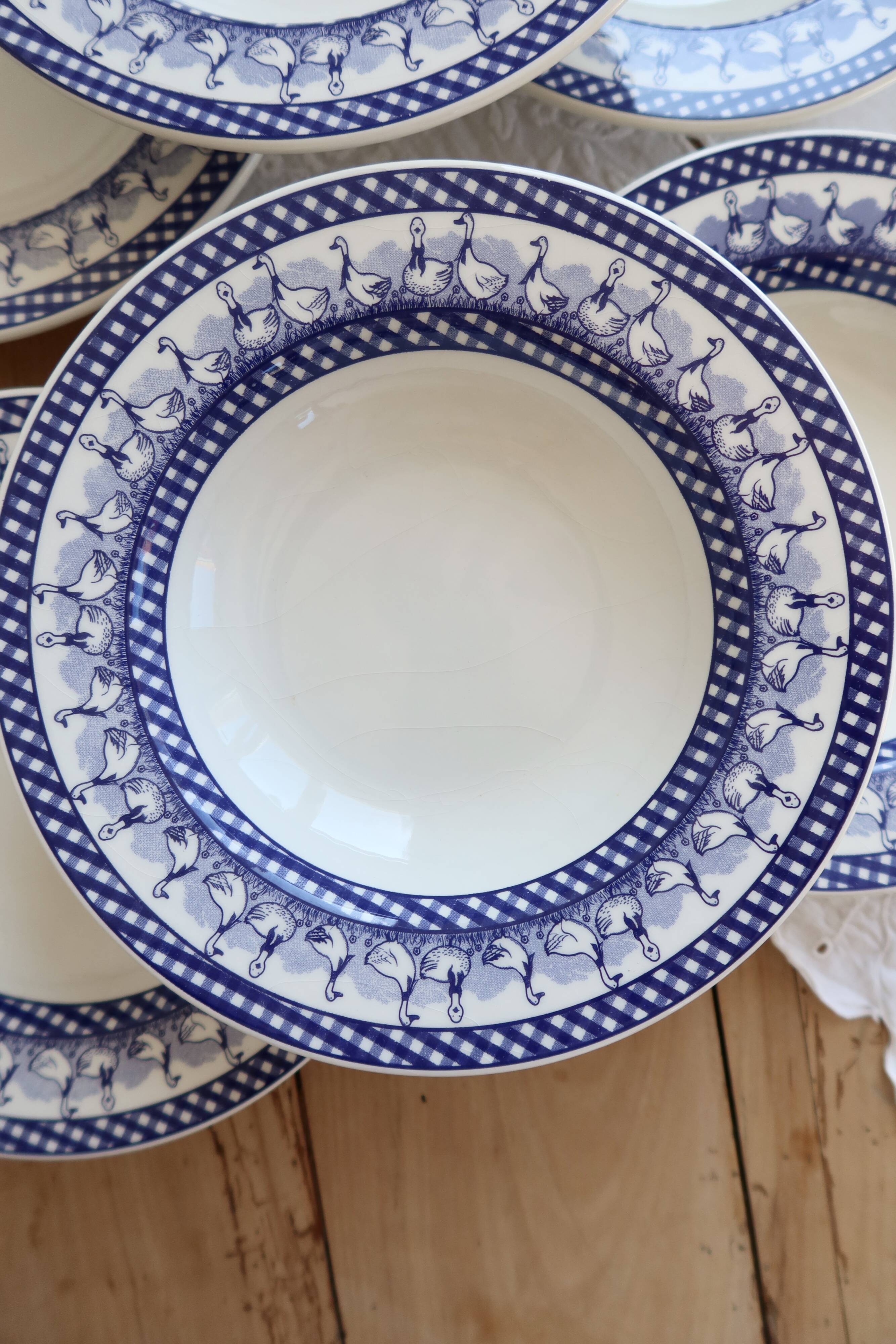 6 vintage deep plates with blue goose vichy decor