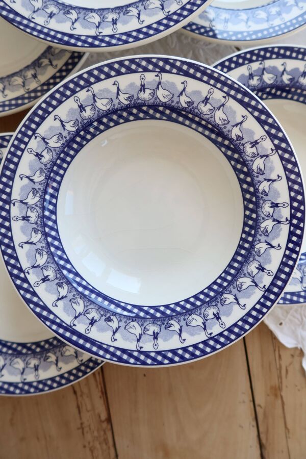 6 assiettes creuses vintage décor vichy oies bleues