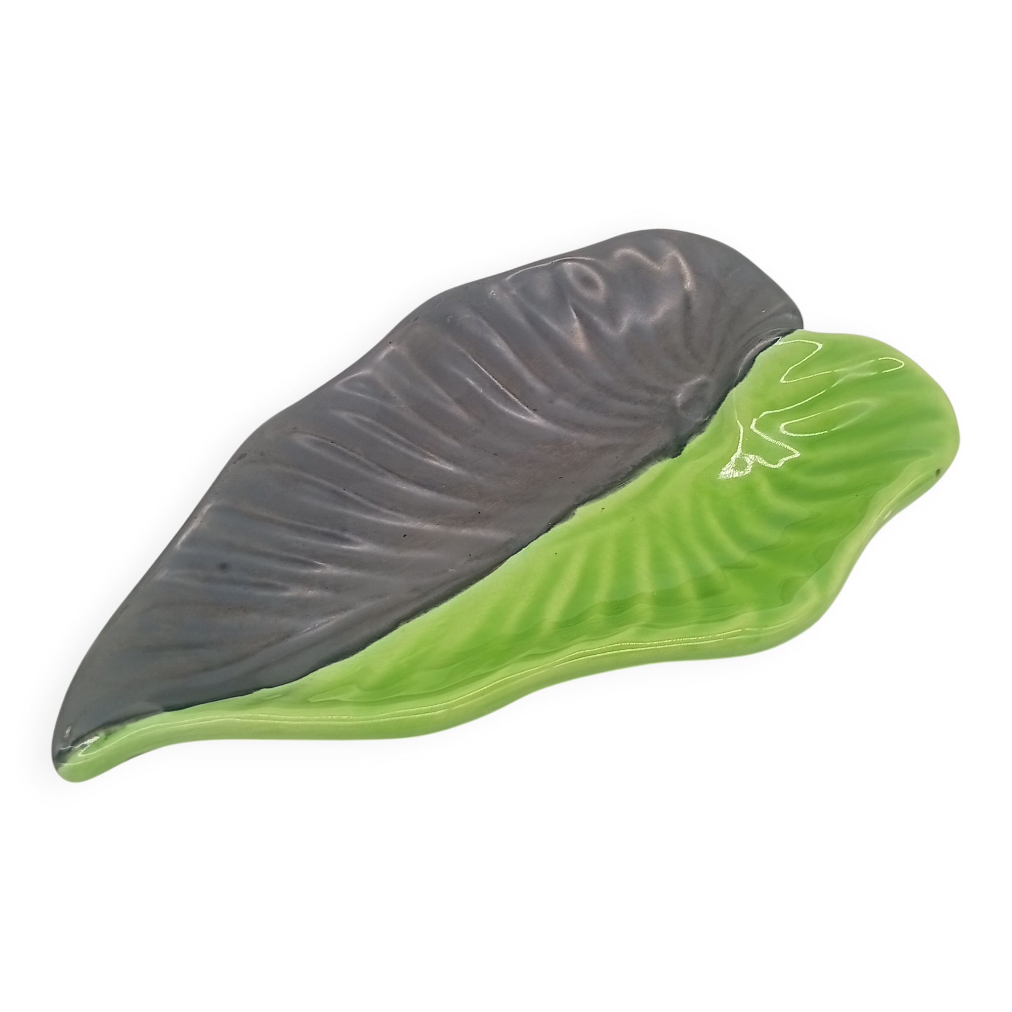 SAP Vallauris Vintage Leaf Bowl Two-Tone Ceramic Green Black 50s 60s