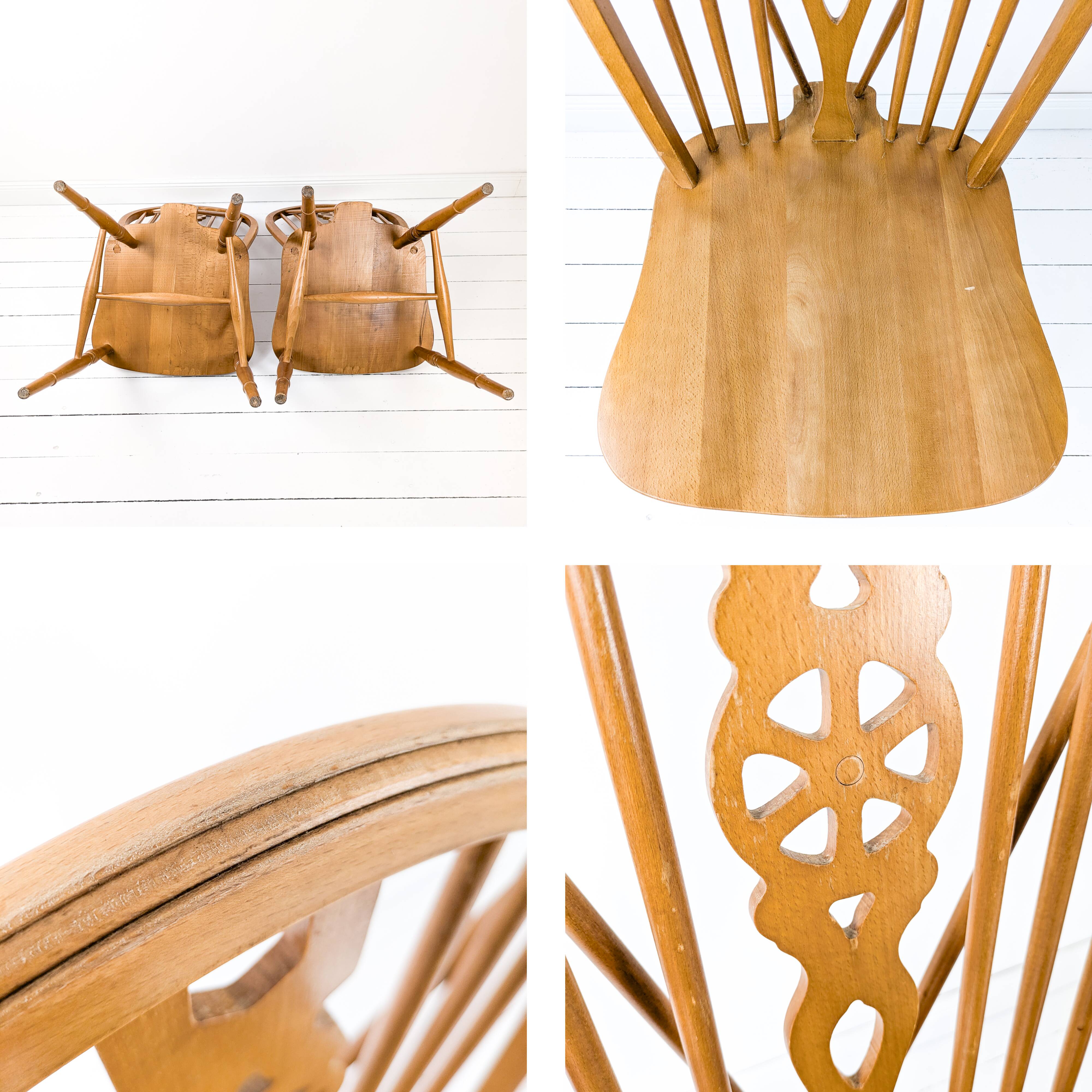 Paire de chaises vintage bois clair, dossier à barreaux, style campagne chic