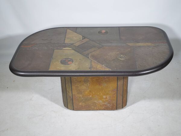 Table basse brutaliste en pierre, cuivre et laiton par Paul Kingma, années 70-80