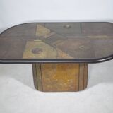 Table basse brutaliste en pierre, cuivre et laiton par Paul Kingma, années 70-80