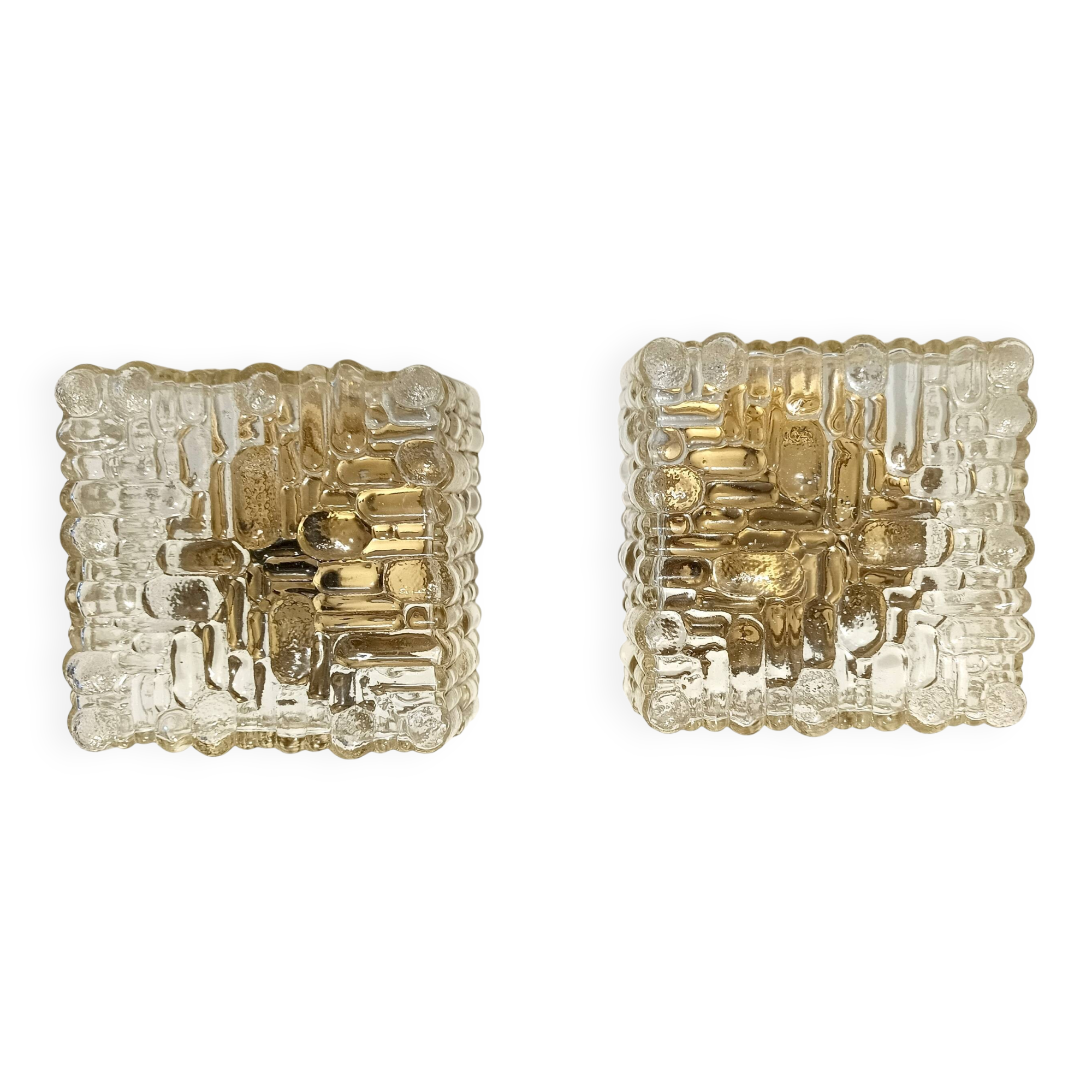 Pair of Square Molded Clear Glass and Gold Varnished Iron Wall Lights